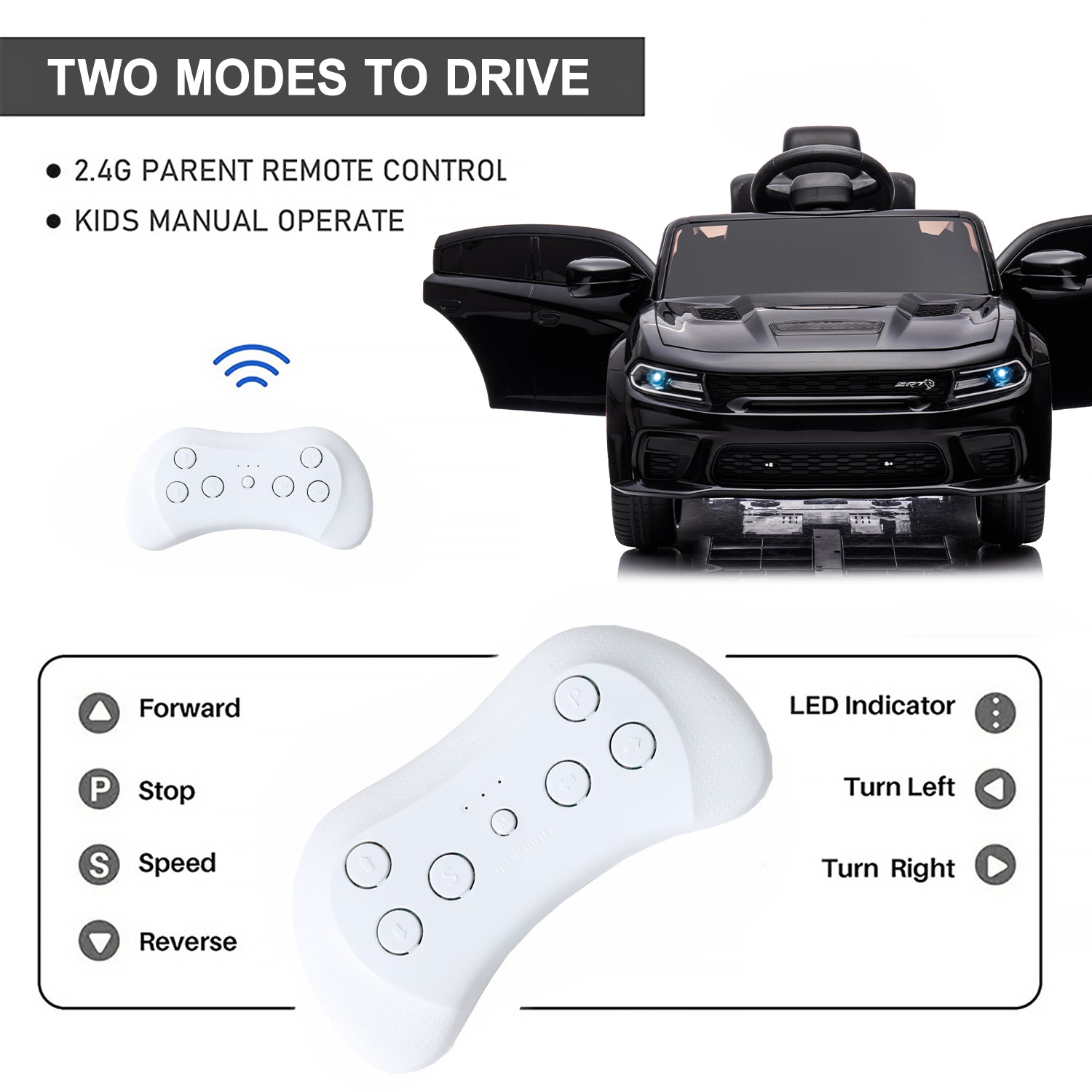 12V Ride On Car, Dodge Charger Powered Electric Car with Battery Powered, Bluetooth, Remote Control, LED Light, Ride On Toy for Ages 3+ Kids