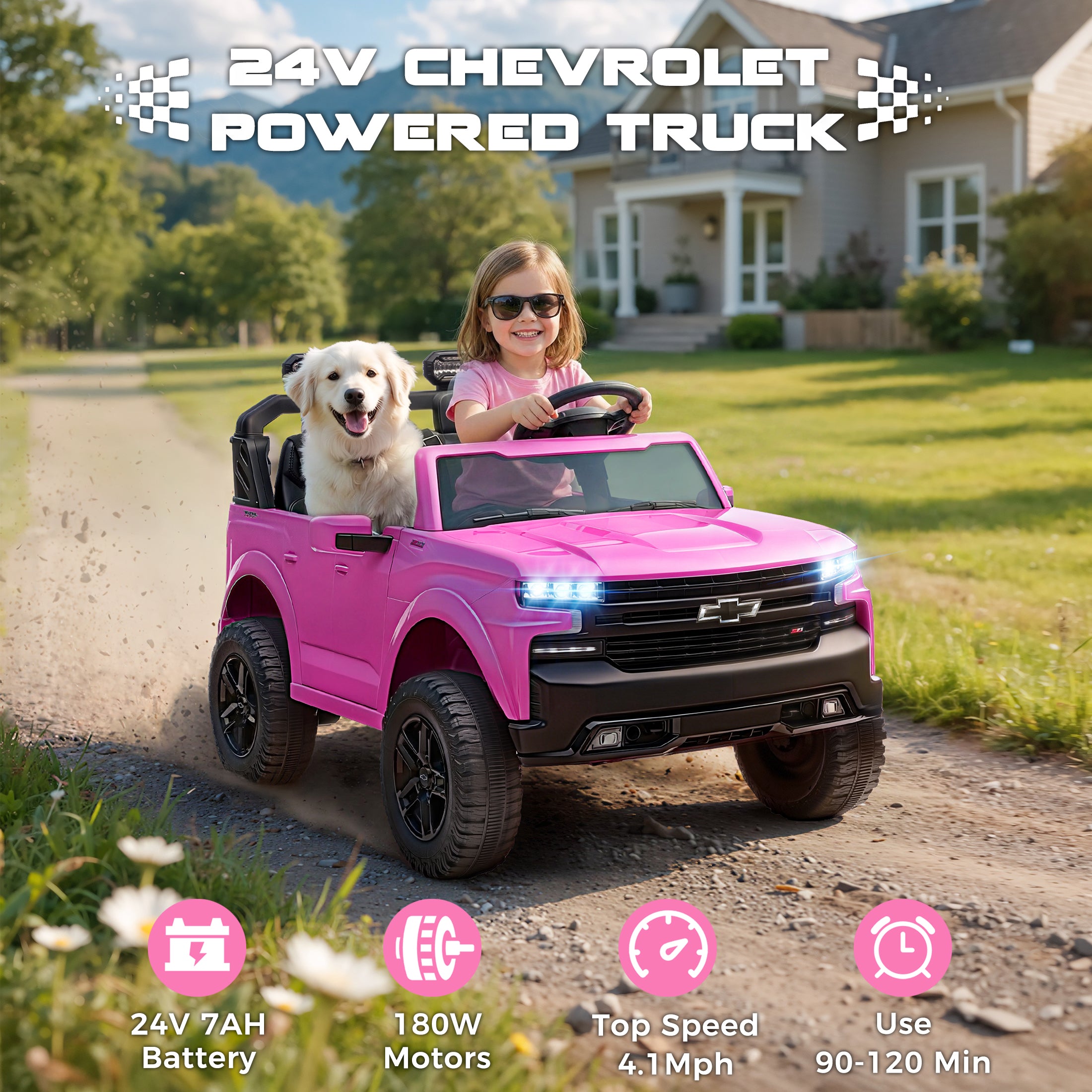 24V Ride On Car for Kids, Chevrolet Silverado 2 Seater Ride On Truck, Powered Electric Car with Remote Control, 90W Dual Motors, MP3 Bluetooth, LED, Ride On Toys for Boys Girls Ages 3–8 (Pink)