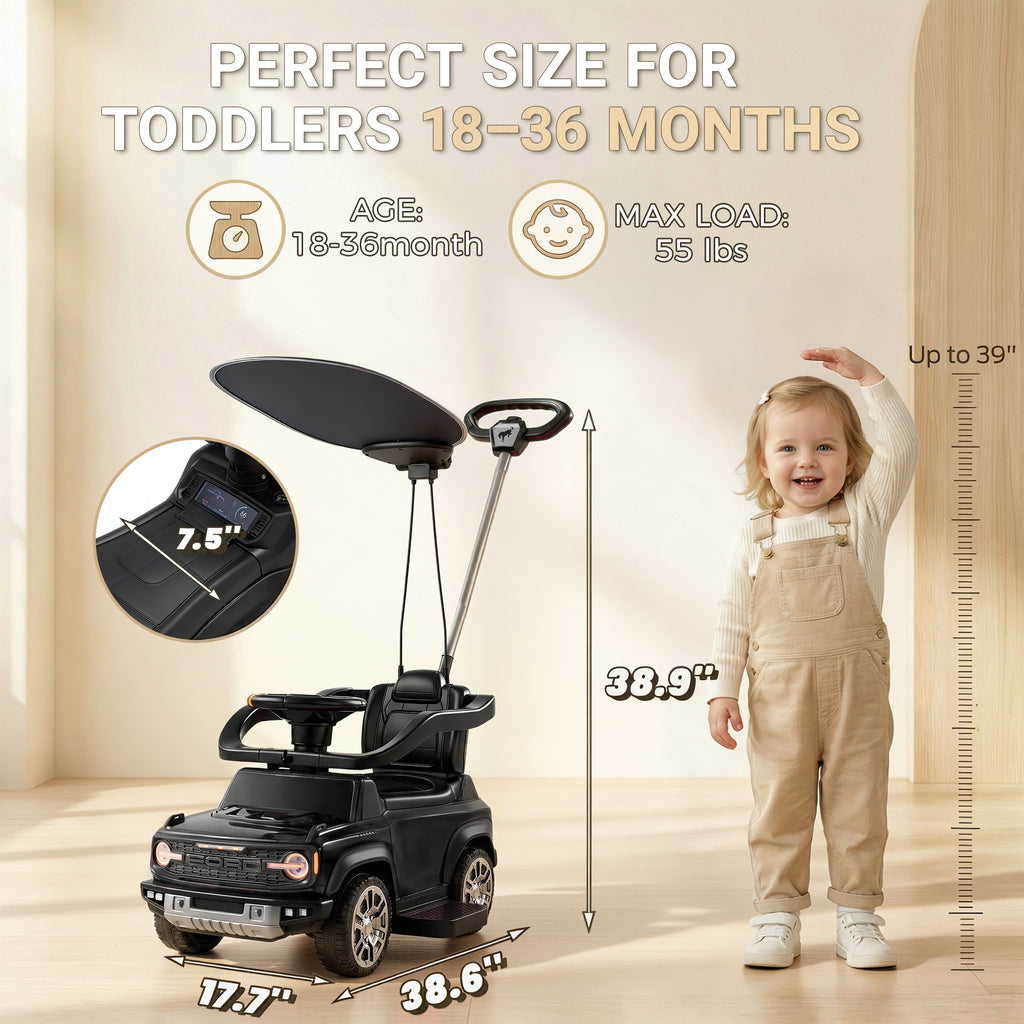 Ford Bronco 3 in 1 Push Car with Canopy for Toddlers 1–3, Ride On Push Car Toy with Adjustable Parent Steering Handle, Removable Guardrail & Footrest, Music, Horn, Under Seat Storage, Silent Wheels