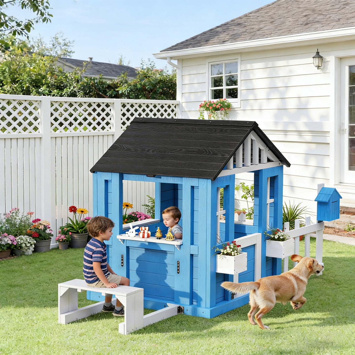 COCLUB Playhouse for Kids, Backyard Playground with Play Kitchen, Snack Bar, Picnic Bench, Dinner Bell, Mailbox, Flowerpot Holders, Outdoor Playhouses for 2 to 10 Year Olds, Wooden Clubhouse Outside