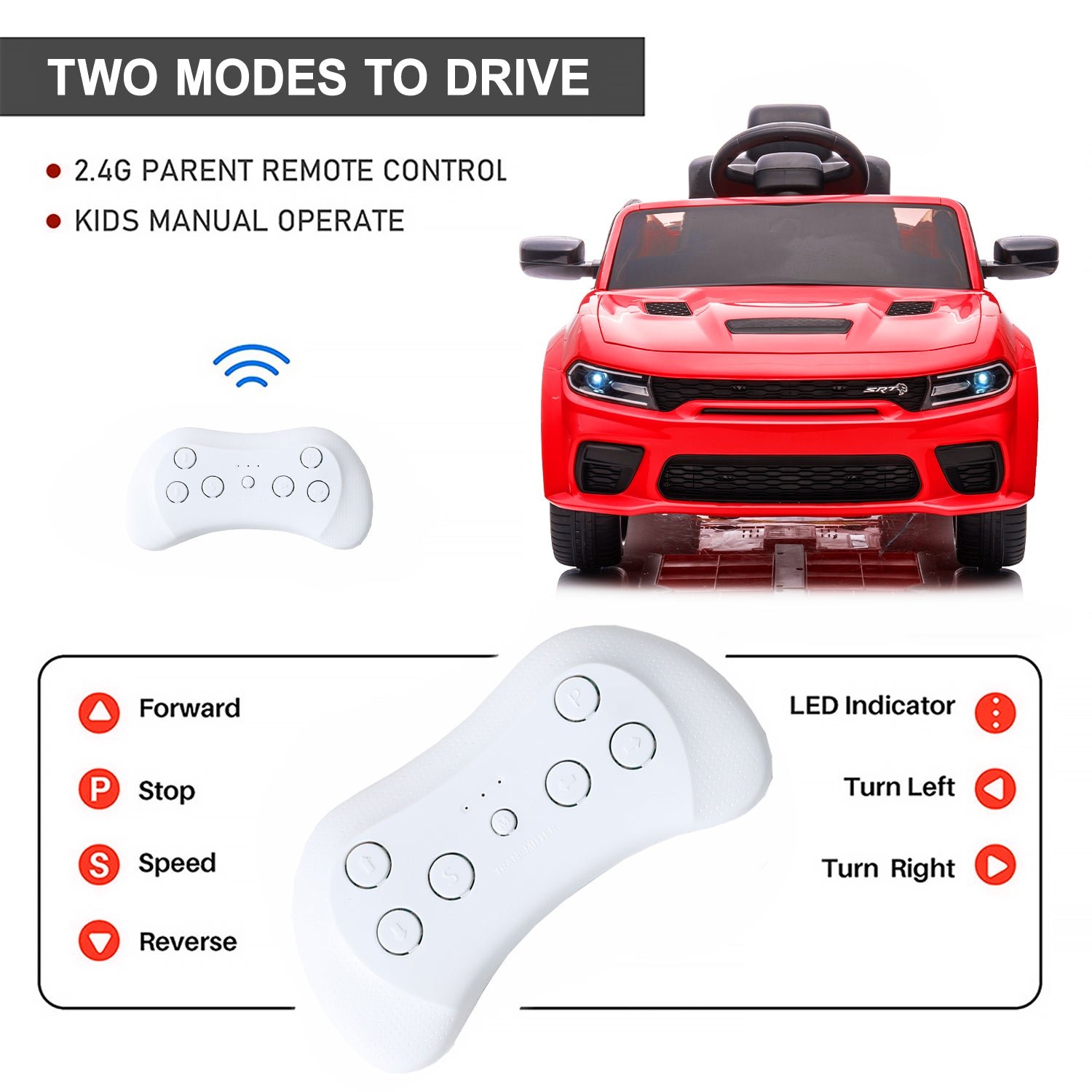 12V Ride On Car, Dodge Charger Powered Electric Car with Battery Powered, Bluetooth, Remote Control, LED Light, Ride On Toy for Ages 3+ Kids
