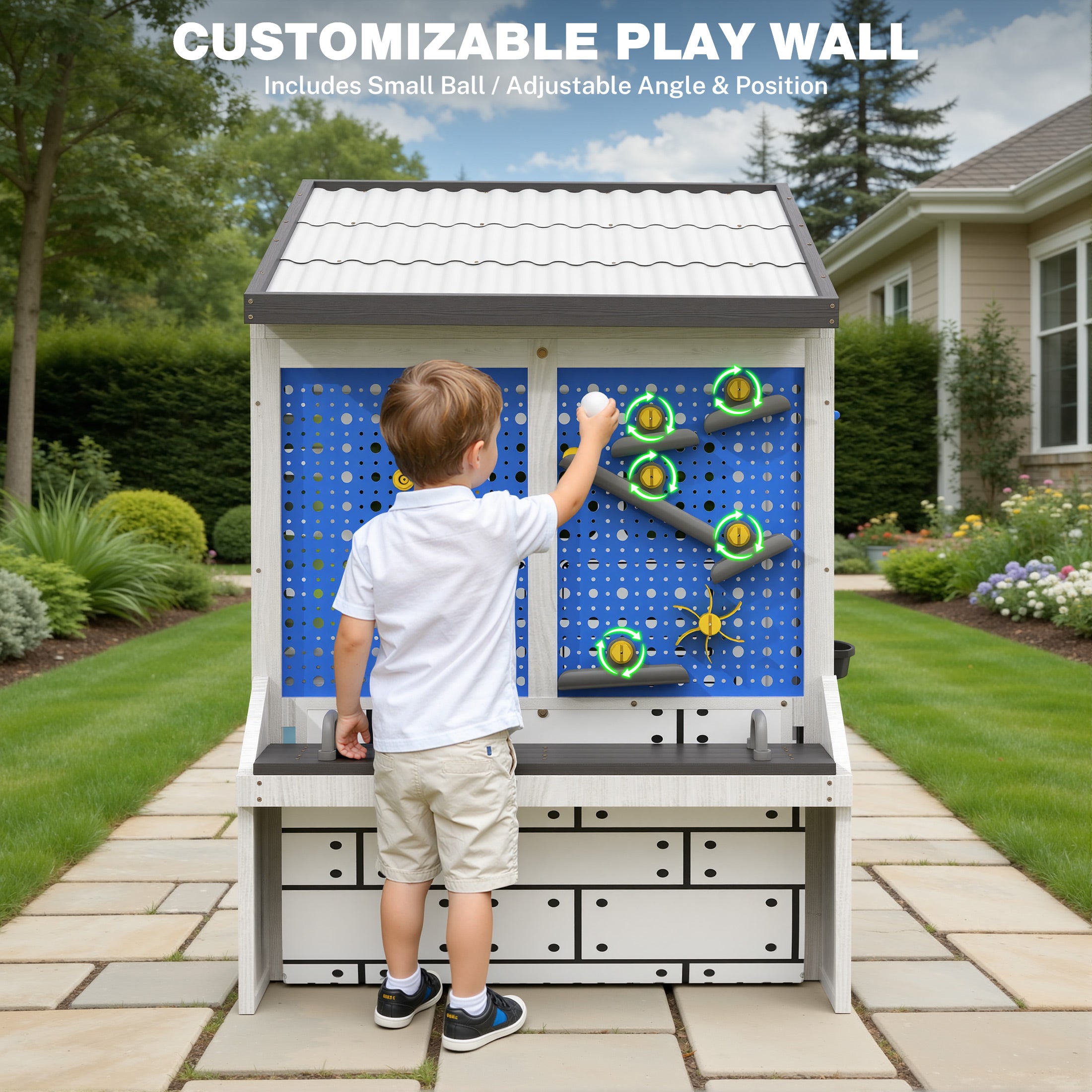 COCLUB Outdoor Wooden Playhouse with Play Tool Shed & Pegboard Play Wall, Kids Todder Ages 3+