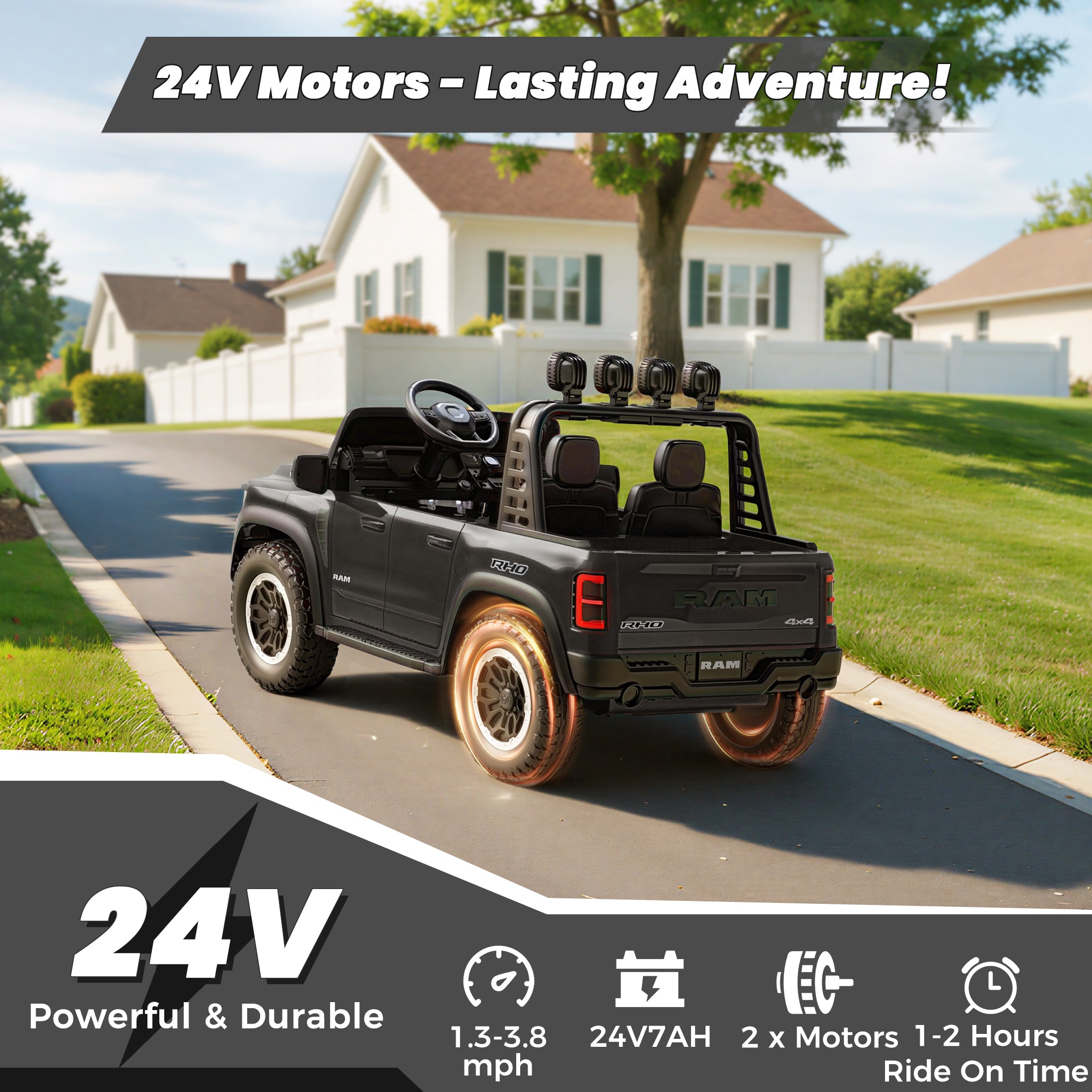 24V 2 Seats Ride On Car for Kids, Licensed RAM RHO 1500 Powered Electric Car with 4 Wheels Spring Suspesion, Ride On Toy for 3-8 Year Boys & Girls with Remote Control, Horm, Siren, LED Lights