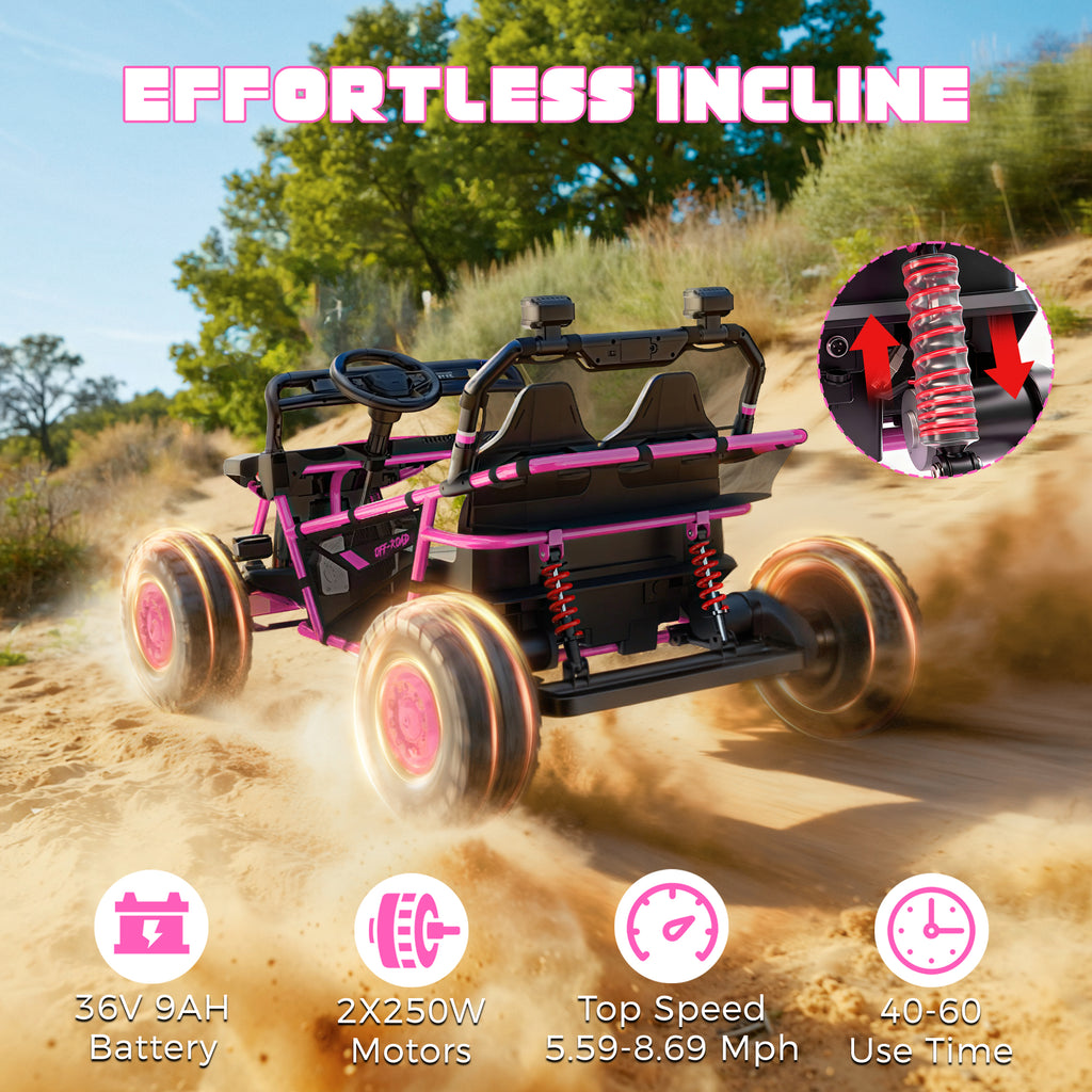 36V Electric Ride On Car for Big Kids, 2 Seater 36V Powered Electric Ride on Toy with Rear Wheel Spring Suspension, Bluetooth, Music, Max 8.7 MPH, Kids Electric Vehicle for Boys Girls Ages 6+, Pink