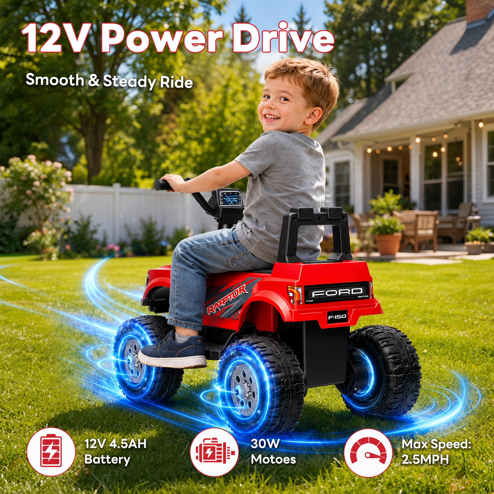 COCLUB 12V Ride On Car for Kids, Licensed Ford F-150 Raptor Battery Powered Ride On Toys w/4 Wheels, LED Lights, Toddlers Electric Car for Ages 2-5