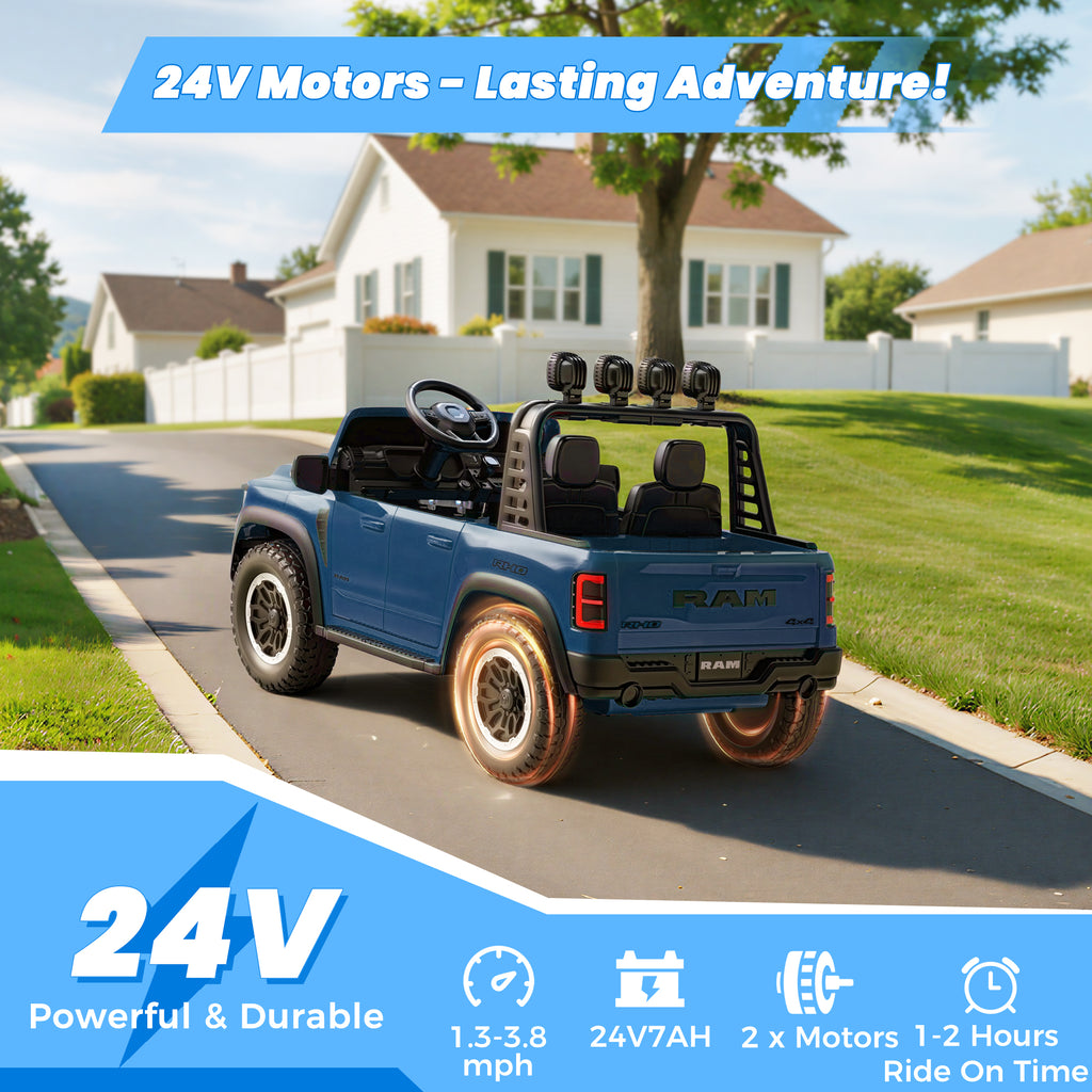 24V 2 Seats Ride On Car for Kids, Licensed RAM RHO 1500 Powered Electric Car with 4 Wheels Spring Suspesion, Ride On Toy for 3-8 Year Boys & Girls with Remote Control, Horm, Siren, LED Lights