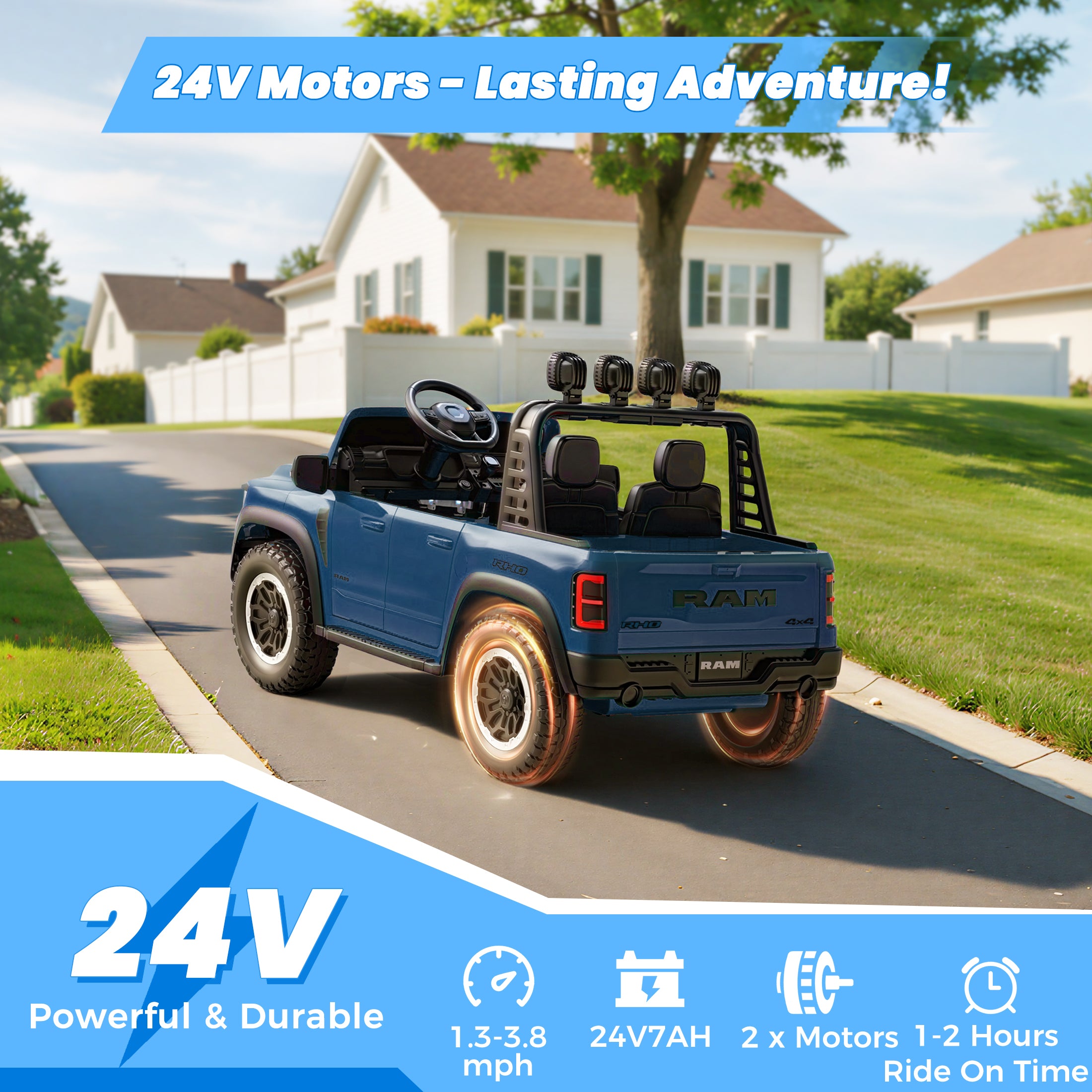 24V 2 Seats Ride On Car for Kids, Licensed RAM RHO 1500 Powered Electric Car with 4 Wheels Spring Suspesion, Ride On Toy for 3-8 Year Boys & Girls with Remote Control, Horm, Siren, LED Lights