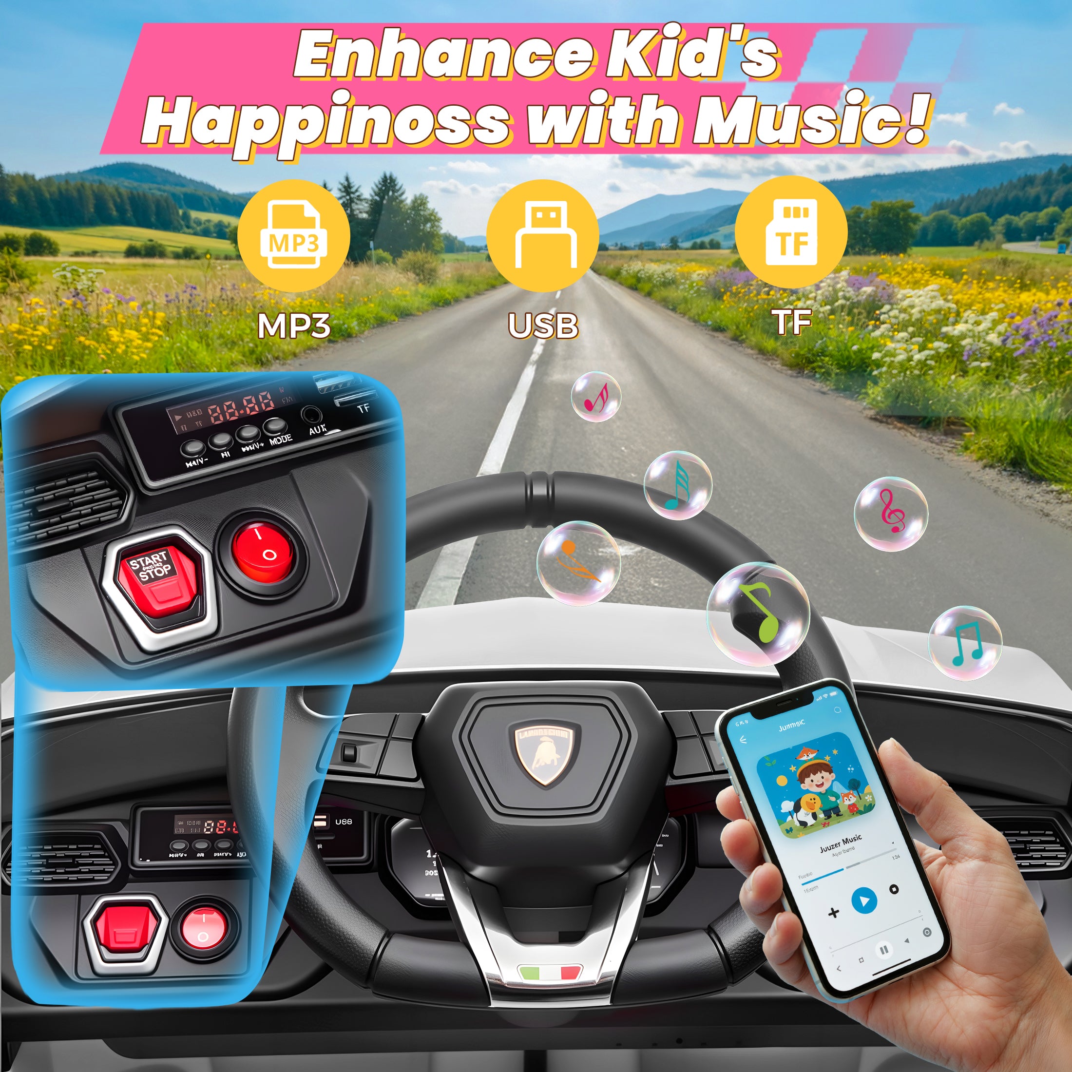 Lamborghini 12V Kids Ride On Car with Remote Control, Battery Powered Electric Car with 4 Wheels, USB, Ride On Toys for 3+ Years Olds Girls Boys, Pink