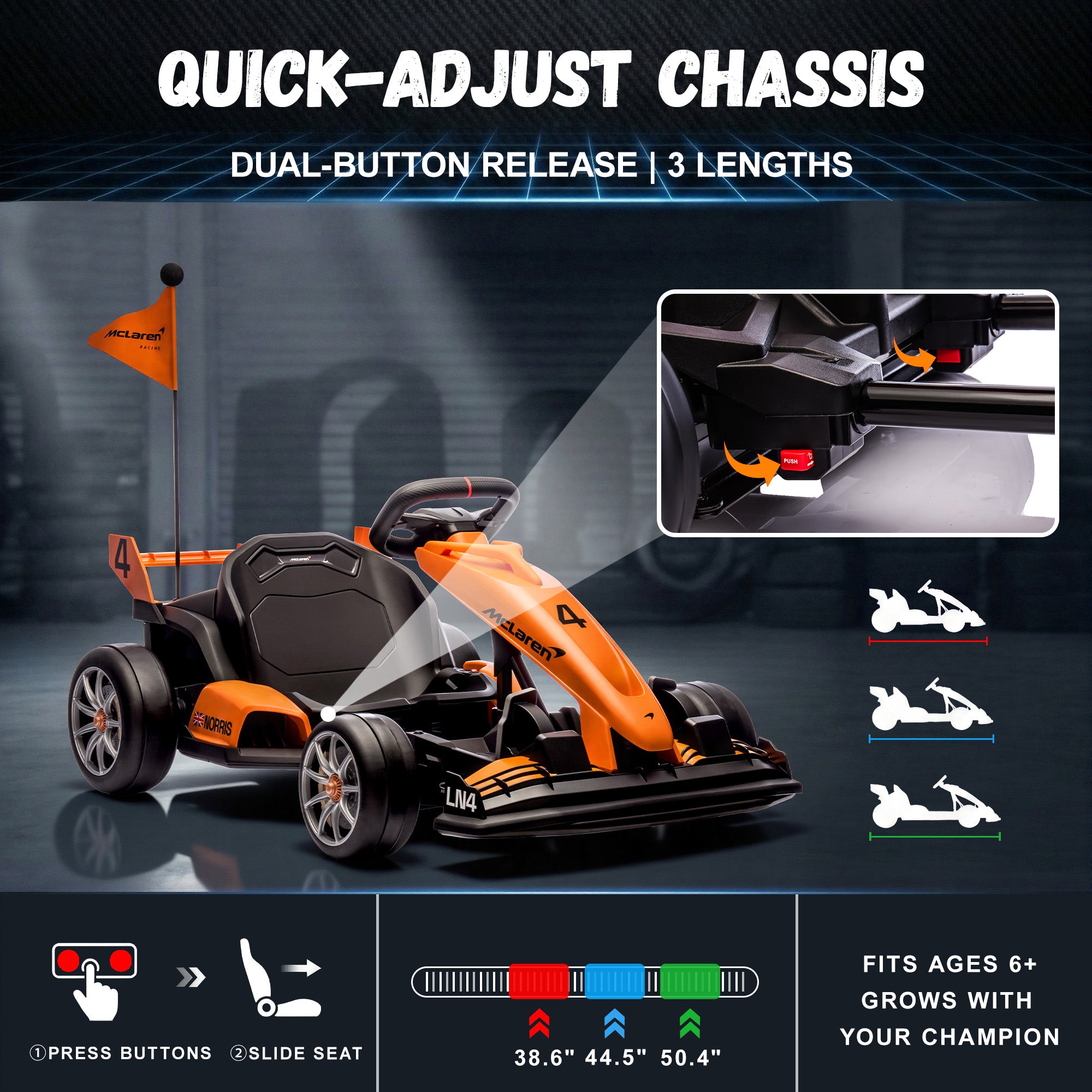 McLaren 24V Ride On Go Kart for Kids, Drifting Ride On with LED Lights, Foldable Design, Ride On Toy for Age 6+ Kids
