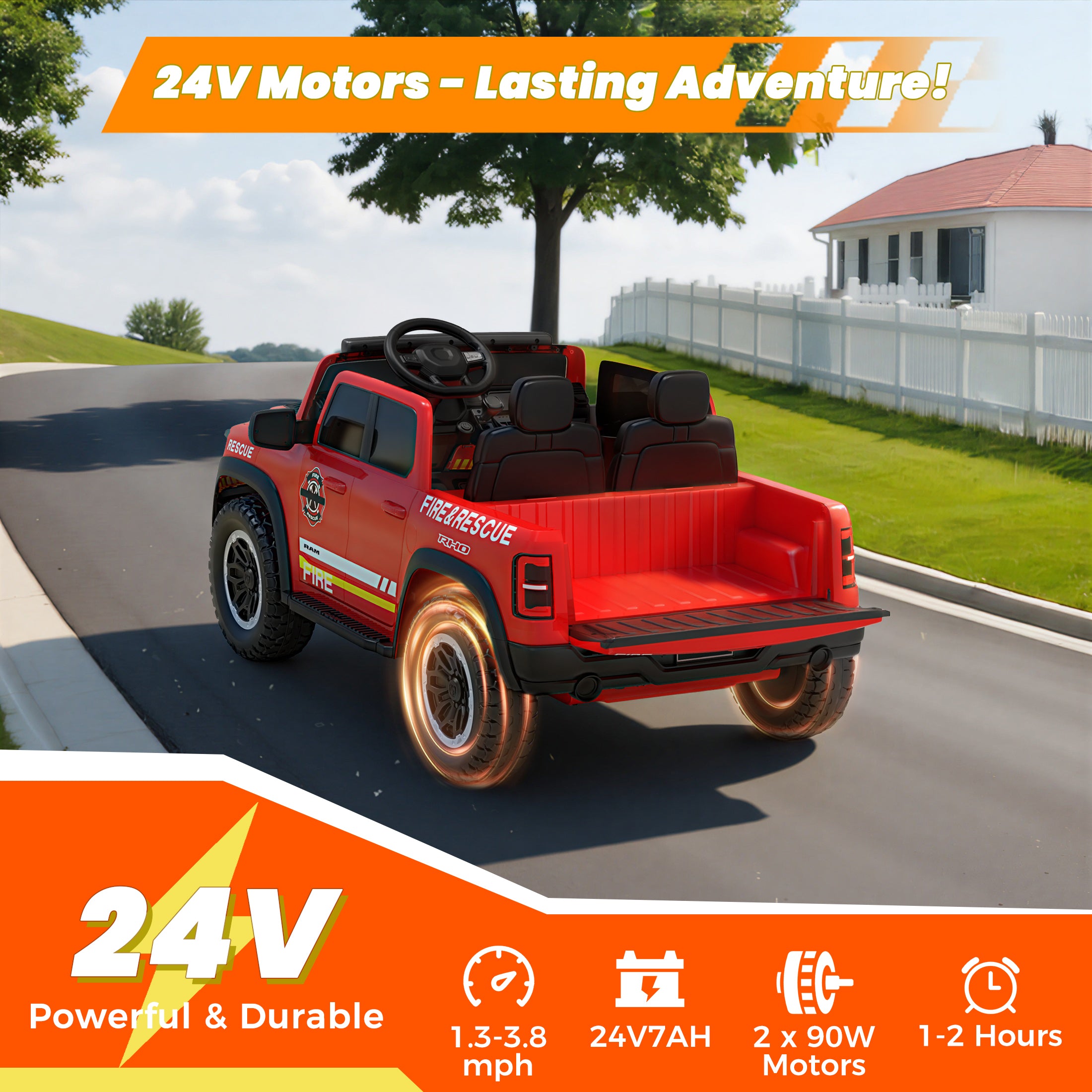 COCLUB 24V 2 Seat Ride On Car for Kids, Licensed RAM RHO 1500 Powered Electric Car with 4 Wheels Spring Suspesion, Ride On Toy for 3-8 Year Boys & Girls with Remote Control, Horm, Siren, Lights