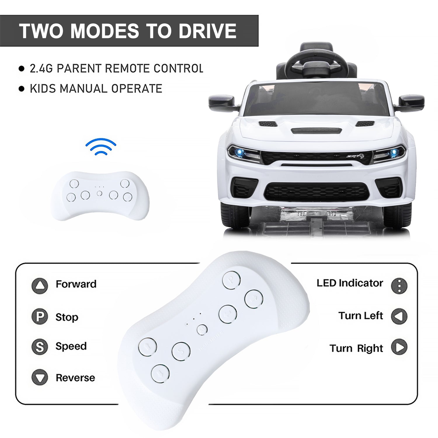 12V Ride On Car, Dodge Charger Powered Electric Car with Battery Powered, Bluetooth, Remote Control, LED Light, Ride On Toy for Ages 3+ Kids