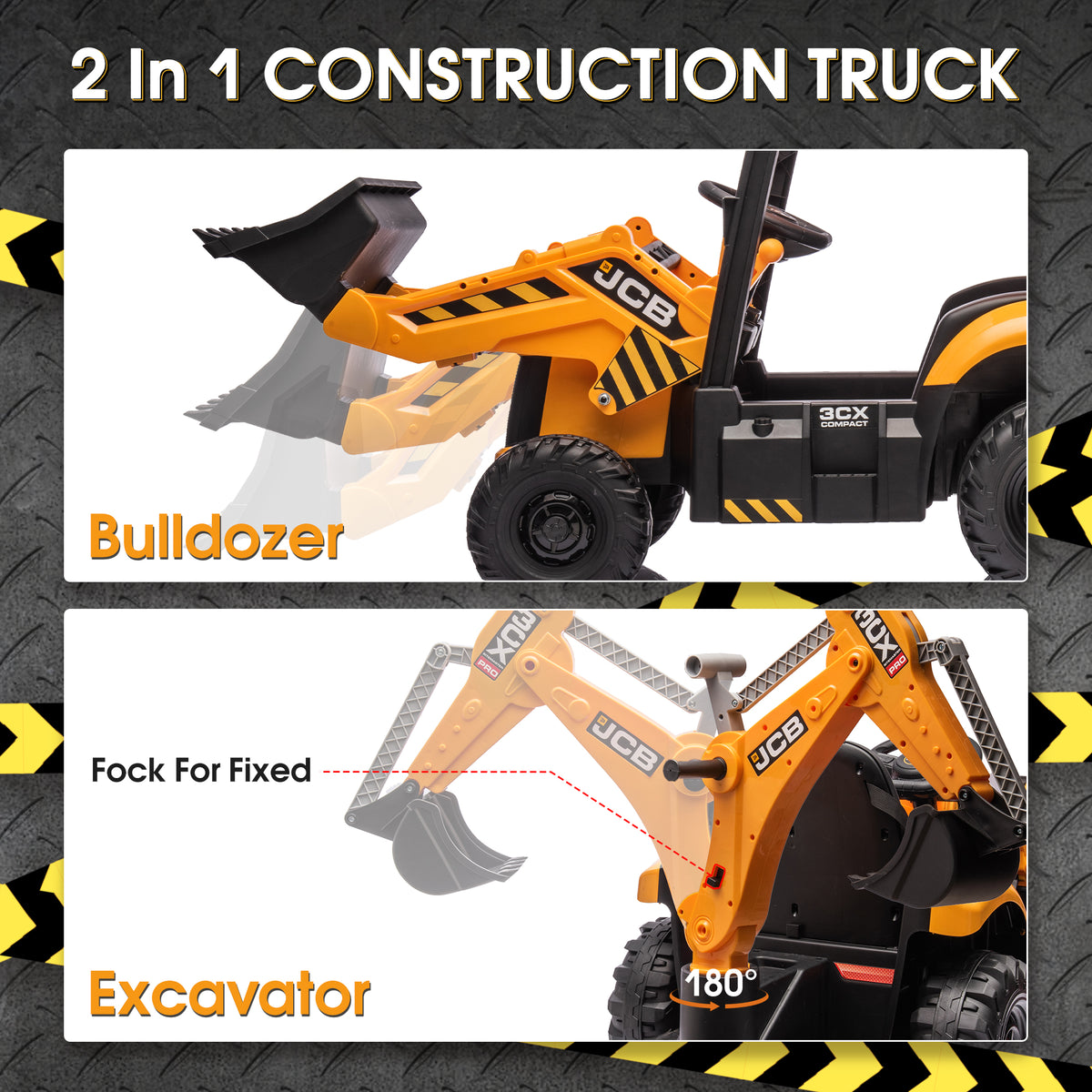 JCB 24V Ride On Excavator, 2 IN 1 Kids Electric Construction Ride on with Remote Control, Front Loader Bulldozer, Digger, Music, Ride on Toys for 3-6 Boys Girls, Yellow