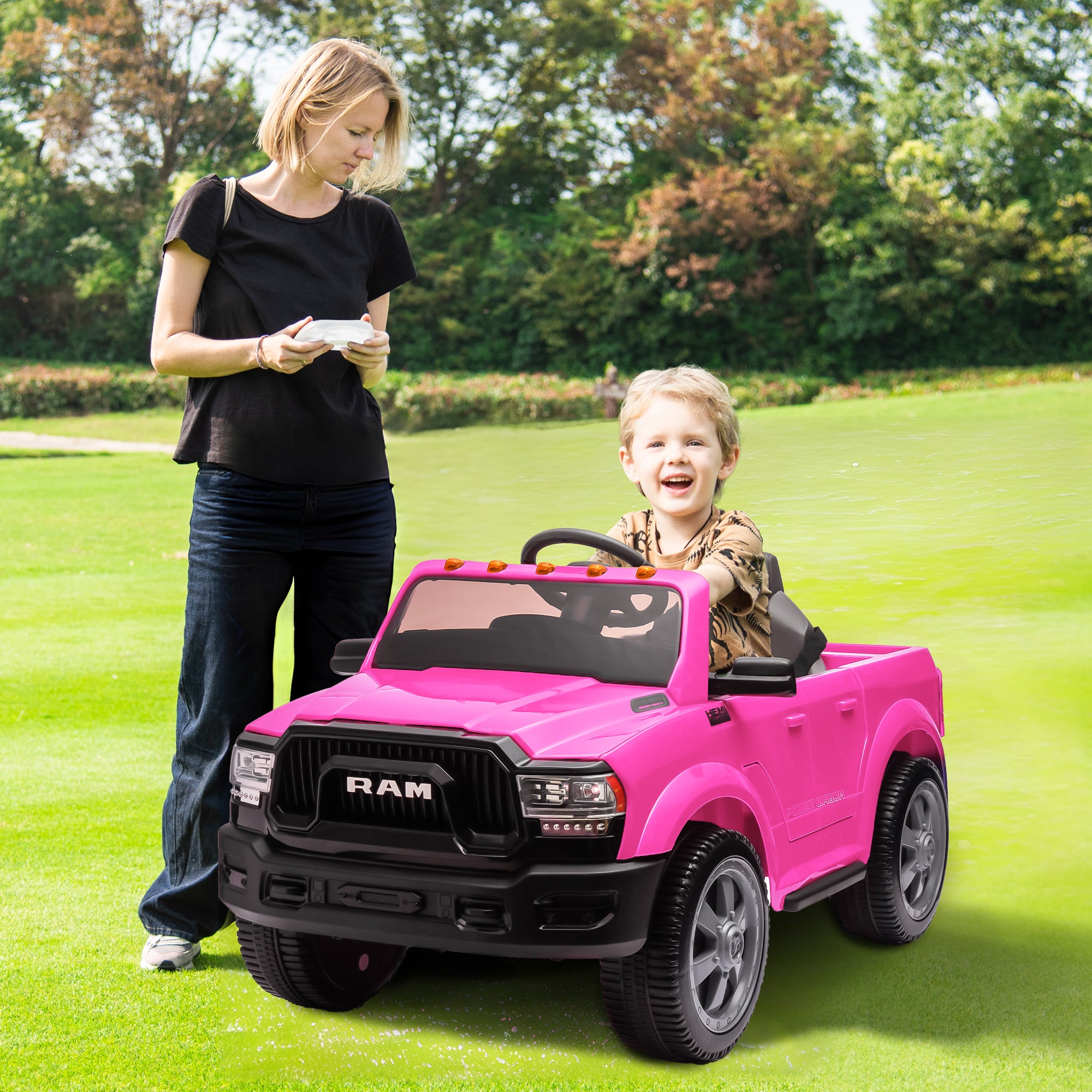 Dodge RAM Ride on Car, 12V Powered Ride on Toy with Remote Control, Rear Wheel Suspension, 5 Point Safety Belt, MP3 Player, Bluetooth, LED Lights, Electric Vehicles for 3-8 Years Boys Girls, Black