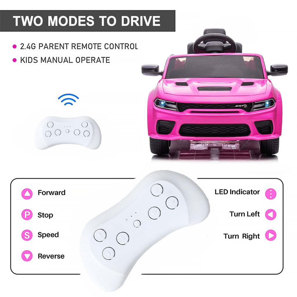 12V Ride On Car, Dodge Charger Powered Electric Car with Battery Powered, Bluetooth, Remote Control, LED Light, Ride On Toy for Ages 3+ Kids