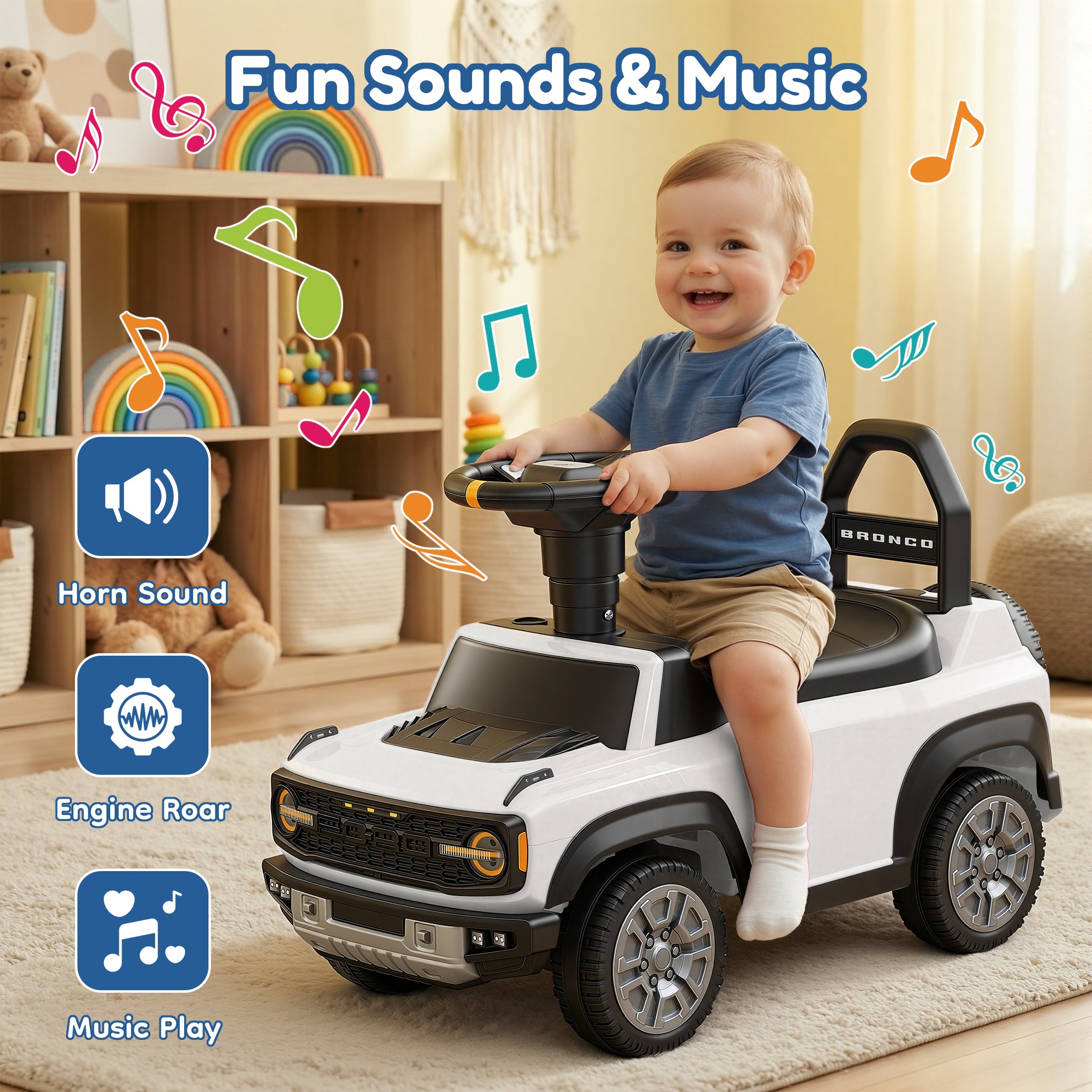 Ride On Car for Toddlers 1–3, Ford Bronco Ride On Toy with Steering Wheel, Music, Horn & Engine Sounds, Under Seat Storage, Silent Wheels, Easy Walker & Push Car for Boys & Girls, White