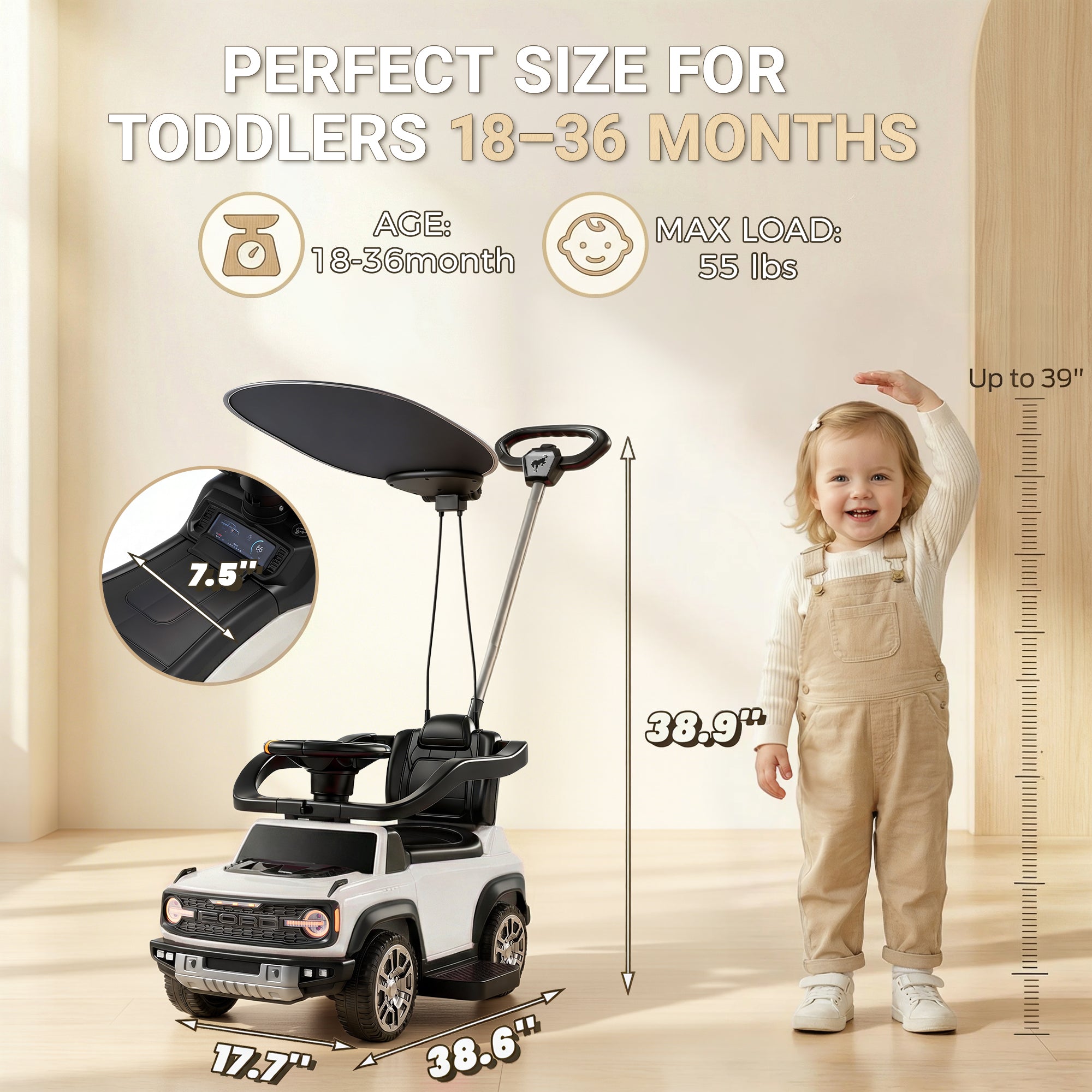 Ford Bronco 3 in 1 Push Car with Canopy for Toddlers 1–3, Ride On Push Car Toy with Adjustable Parent Steering Handle, Removable Guardrail & Footrest, Music, Horn, Under Seat Storage, Silent Wheels