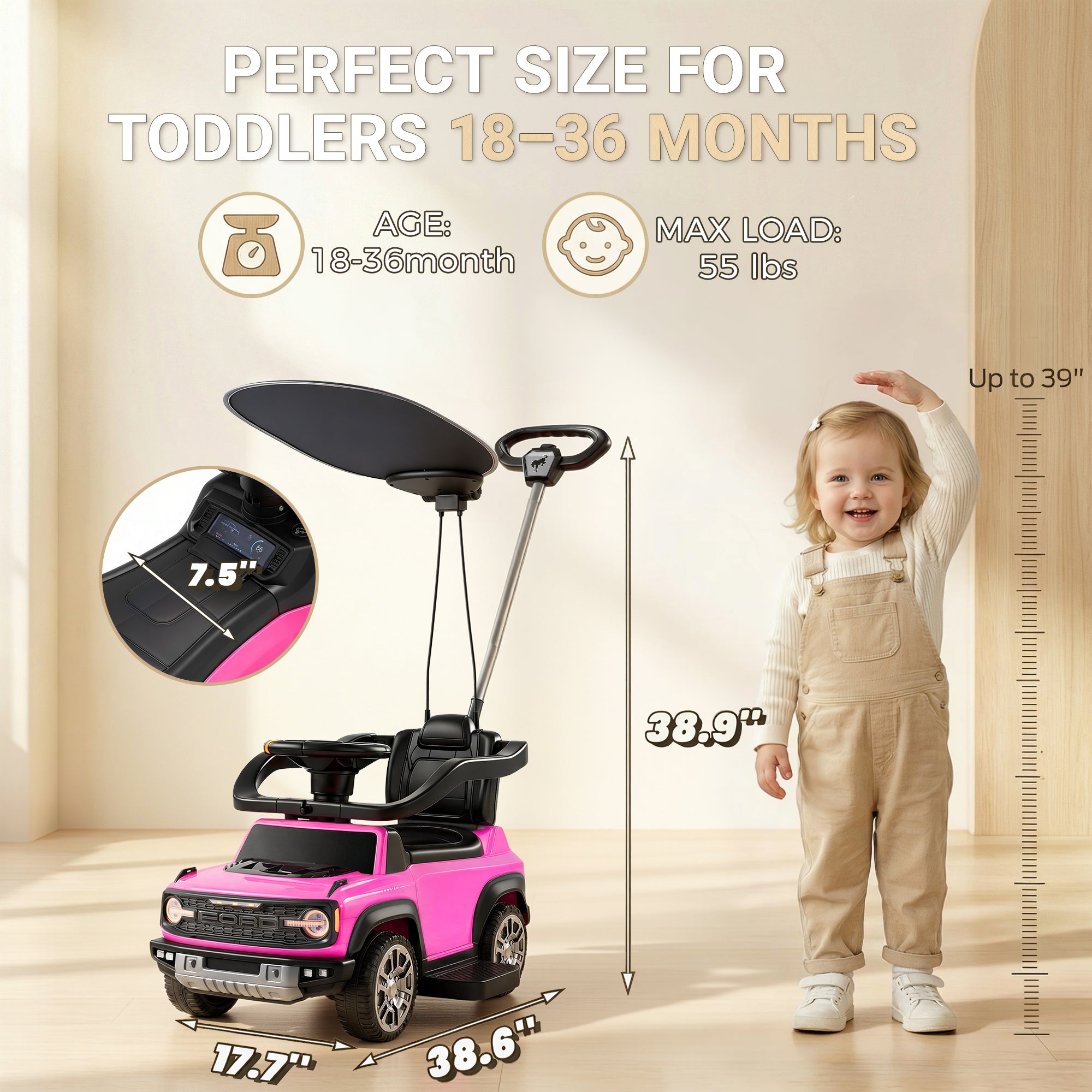 Ford Bronco 3 in 1 Push Car with Canopy for Toddlers 1–3, Ride On Push Car Toy with Adjustable Parent Steering Handle, Removable Guardrail & Footrest, Music, Horn, Under Seat Storage, Silent Wheels