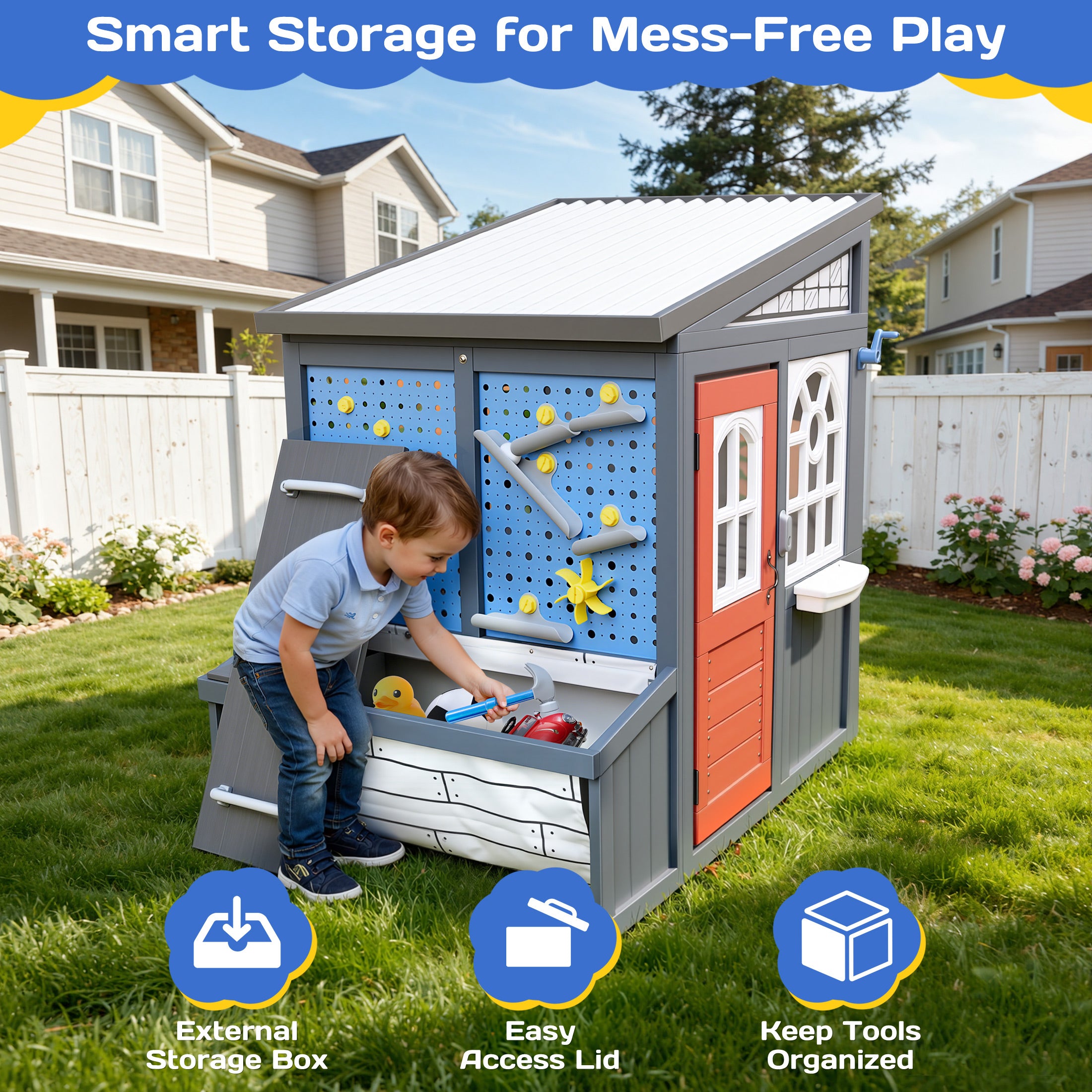 COCLUB Outdoor Tool Shed Playhouse for Kids, Wooden Play House with Workbench & Accessories, Blue and Red Toddler Play Set, Toys for Backyard