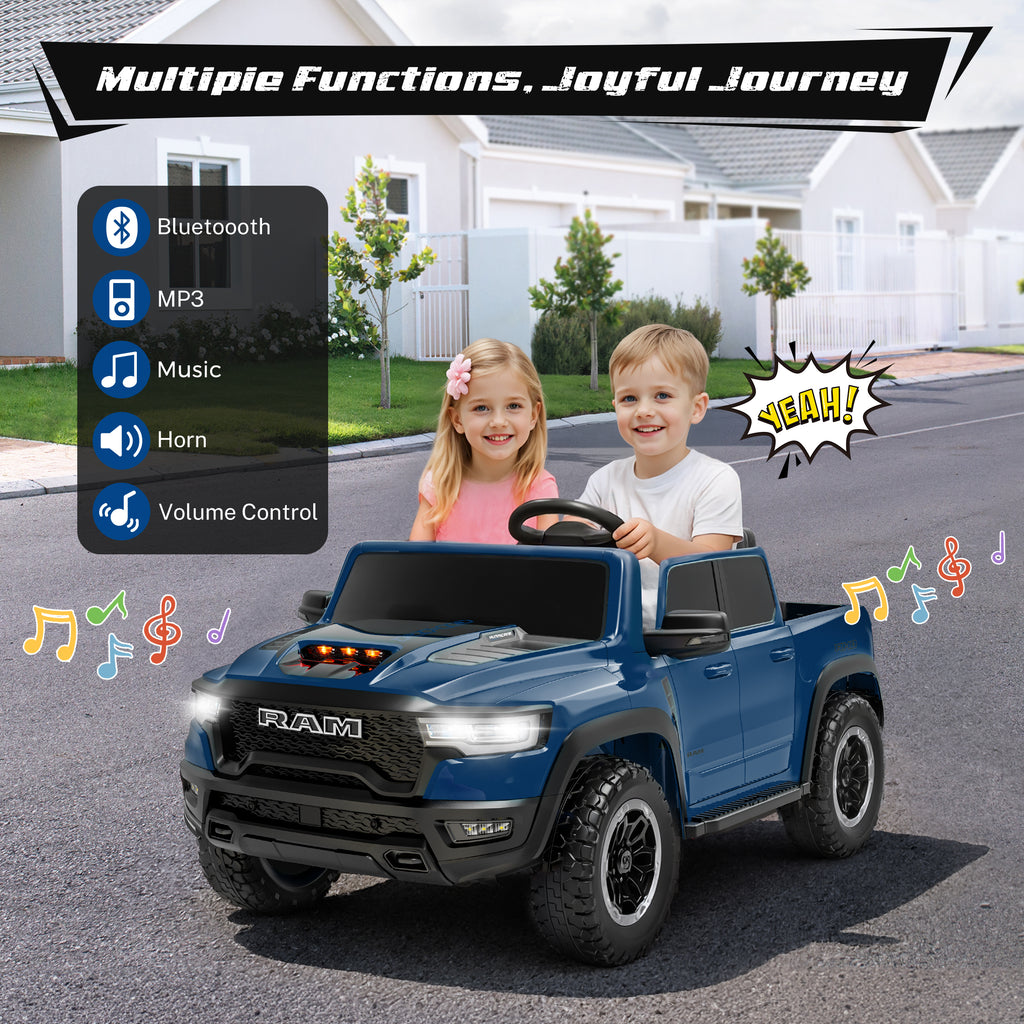 COCLUB RAM 24V Ride on Cars for Tow Kids, RAM 1500 RHO 2 Seat Battery Powered Ride on Toys with Remote Control, 4 Wheels Suspension Trunk, LED Light, MP3 Player, Electric Car for Kids Boy Girl Gift