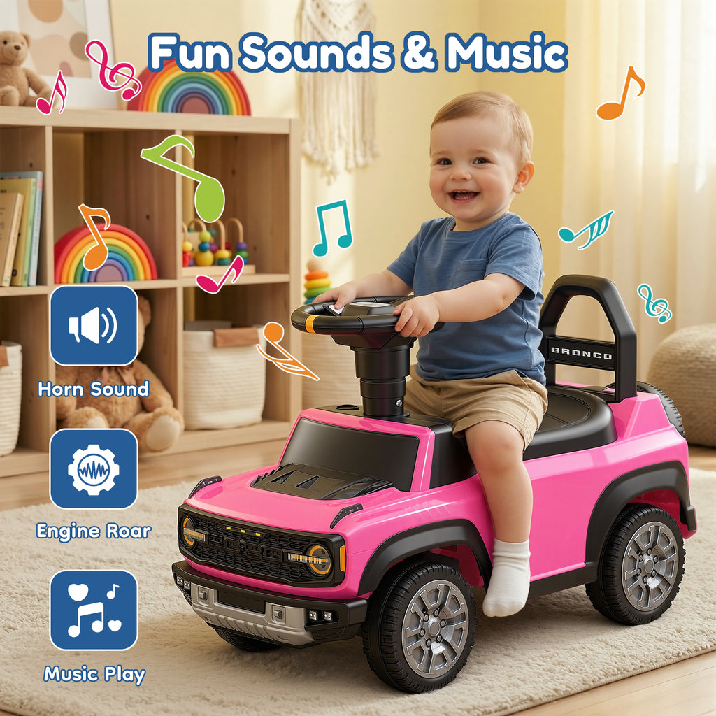 Ride On Car for Toddlers 1–3, Ford Bronco Ride On Toy with Steering Wheel, Music, Horn & Engine Sounds, Under Seat Storage, Silent Wheels, Easy Walker & Push Car for Boys & Girls, Pink