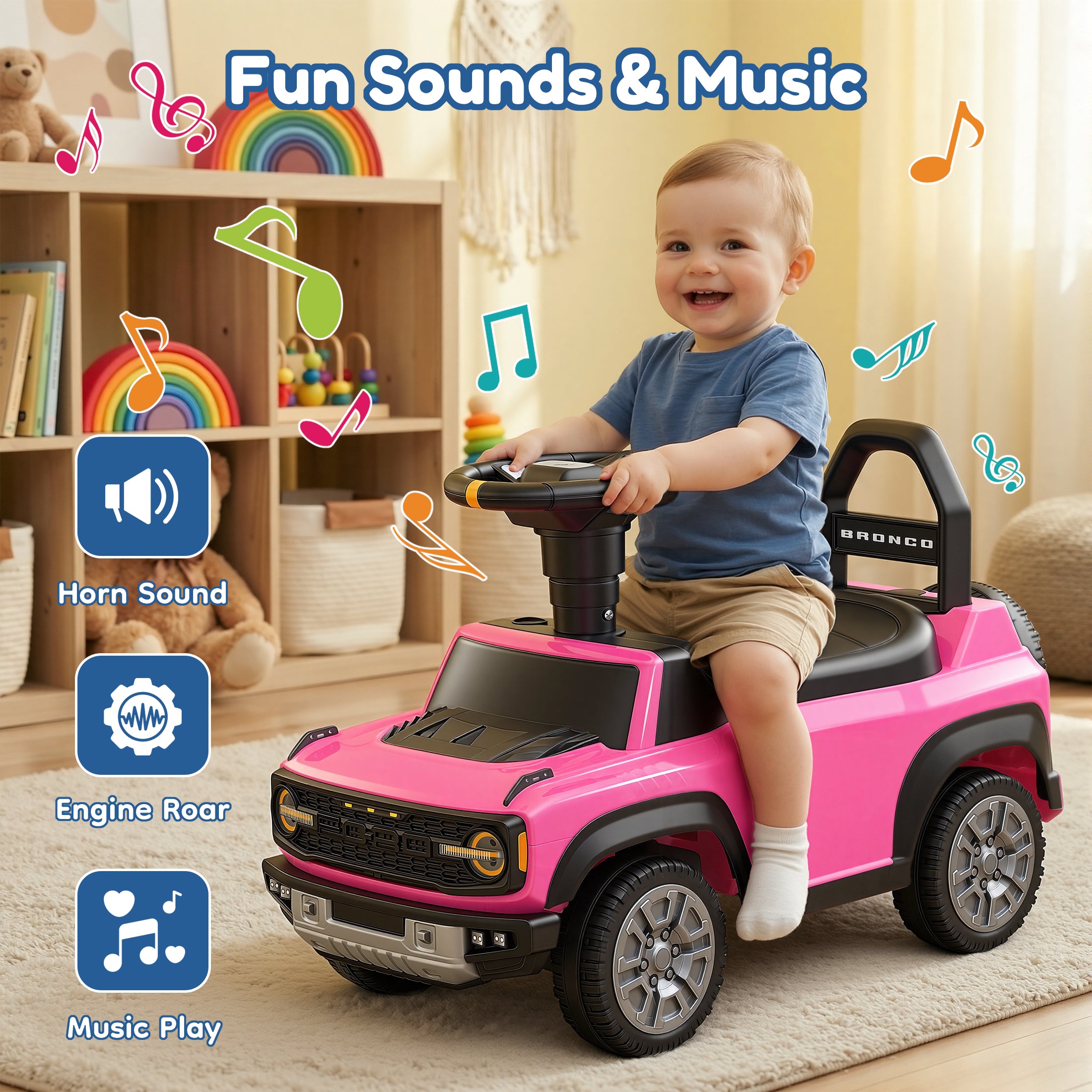 Ride On Car for Toddlers 1–3, Ford Bronco Ride On Toy with Steering Wheel, Music, Horn & Engine Sounds, Under Seat Storage, Silent Wheels, Easy Walker & Push Car for Boys & Girls, Pink