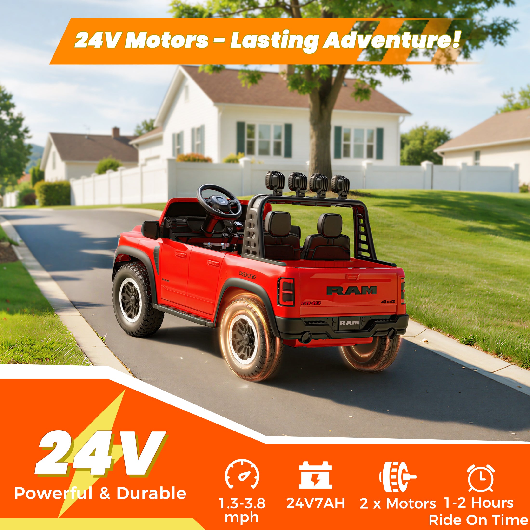 24V 2 Seats Ride On Car for Kids, Licensed RAM RHO 1500 Powered Electric Car with 4 Wheels Spring Suspesion, Ride On Toy for 3-8 Year Boys & Girls with Remote Control, Horm, Siren, LED Lights