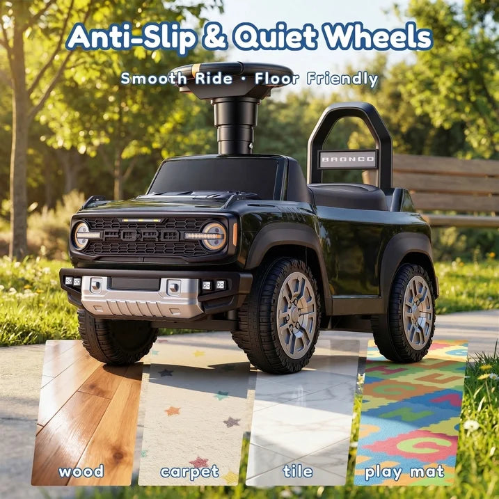 Push Car for Toddlers 1–3, Ford Bronco Ride On Toy with Steering Wheel, Music, Horn & Engine Sounds, LED Lights, Under Seat Storage, Silent Wheels, Easy Push Ride On Car for Boys & Girls, Black
