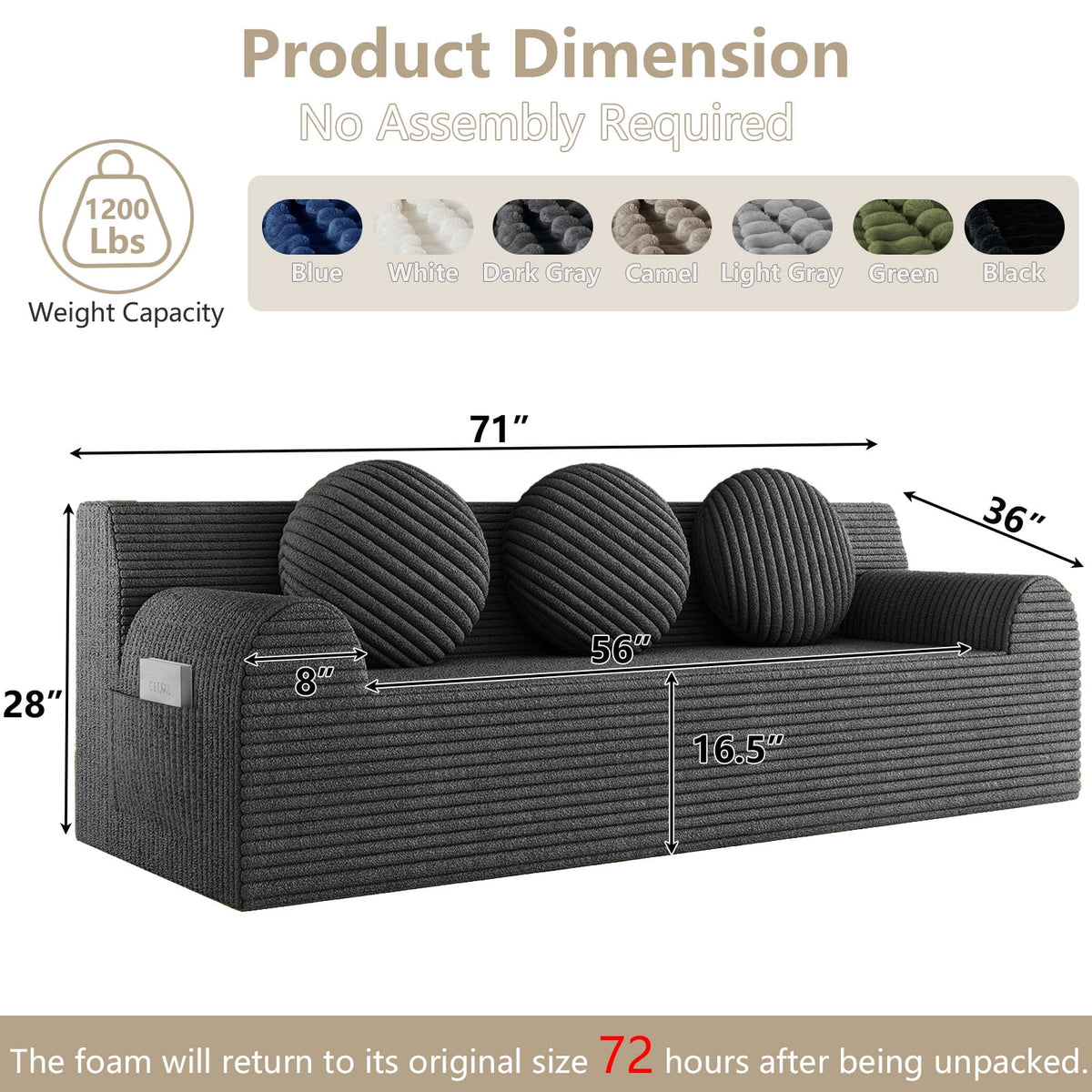 UHOMEPRO 71" Small Cloud Couch, 3 Seater Sofa with High Density Foam, No Assembly Low Profile Floor Couch for Bedroom, Apartment, 1200lbs, Deep Gray
