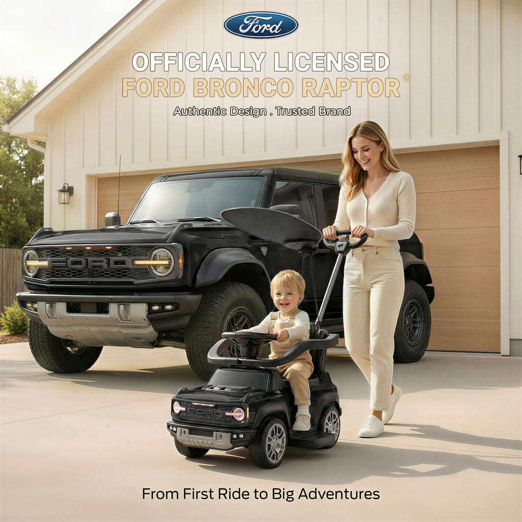 Ford Bronco 3 in 1 Push Car with Canopy for Toddlers 1–3, Ride On Push Car Toy with Adjustable Parent Steering Handle, Removable Guardrail & Footrest, Music, Horn, Under Seat Storage, Silent Wheels
