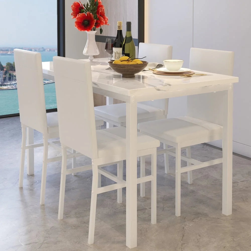 5 Piece Dining Room Table Set, Modern Dining Table Sets with Black PU Leather Chairs for 4, White Faux Marble Pattern Rectangle Kitchen Table Set for Bar Living Room Breakfast Nook Small Space