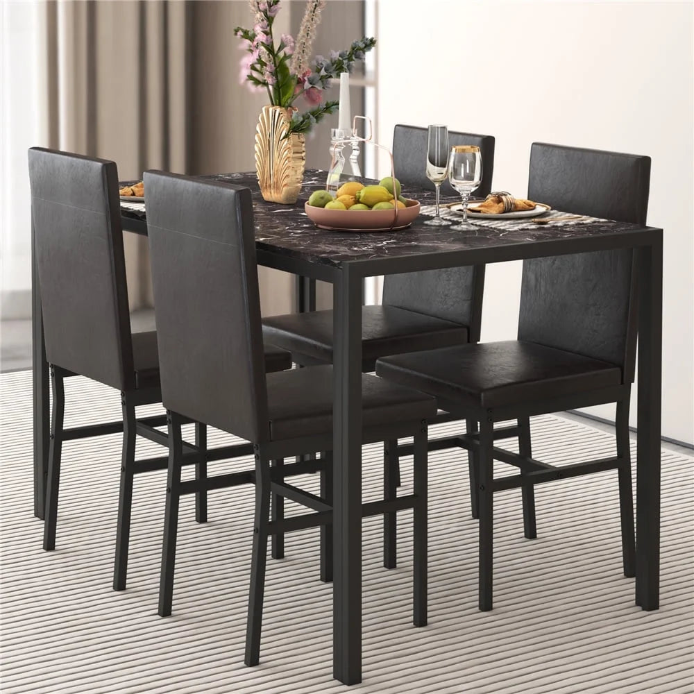 5 Piece Dining Room Table Set, Modern Dining Table Sets with Black PU Leather Chairs for 4, White Faux Marble Pattern Rectangle Kitchen Table Set for Bar Living Room Breakfast Nook Small Space