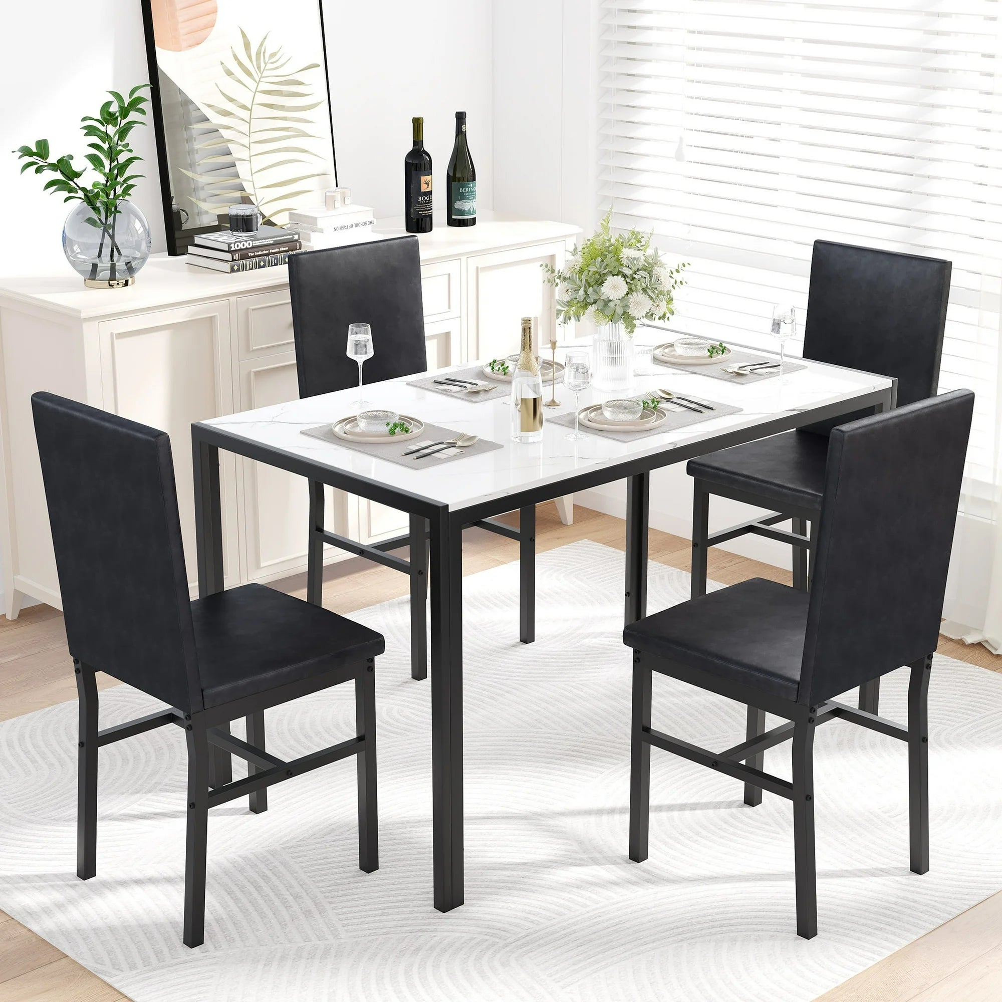 5 Piece Dining Room Table Set, Modern Dining Table Sets with Black PU Leather Chairs for 4, White Faux Marble Pattern Rectangle Kitchen Table Set for Bar Living Room Breakfast Nook Small Space