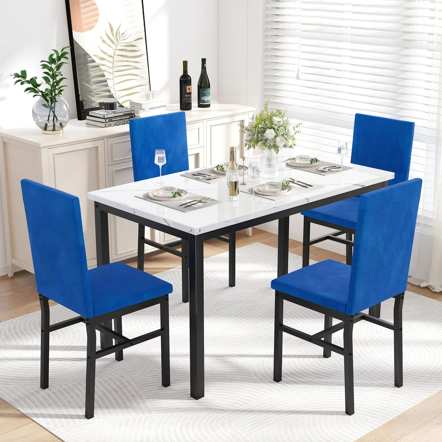5 Piece Dining Room Table Set, Modern Dining Table Sets with Black PU Leather Chairs for 4, White Faux Marble Pattern Rectangle Kitchen Table Set for Bar Living Room Breakfast Nook Small Space