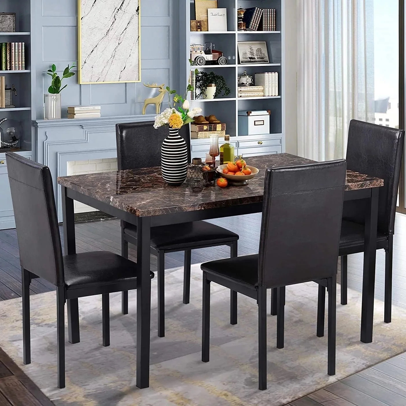 5 Piece Dining Room Table Set, Modern Dining Table Sets with Black PU Leather Chairs for 4, White Faux Marble Pattern Rectangle Kitchen Table Set for Bar Living Room Breakfast Nook Small Space
