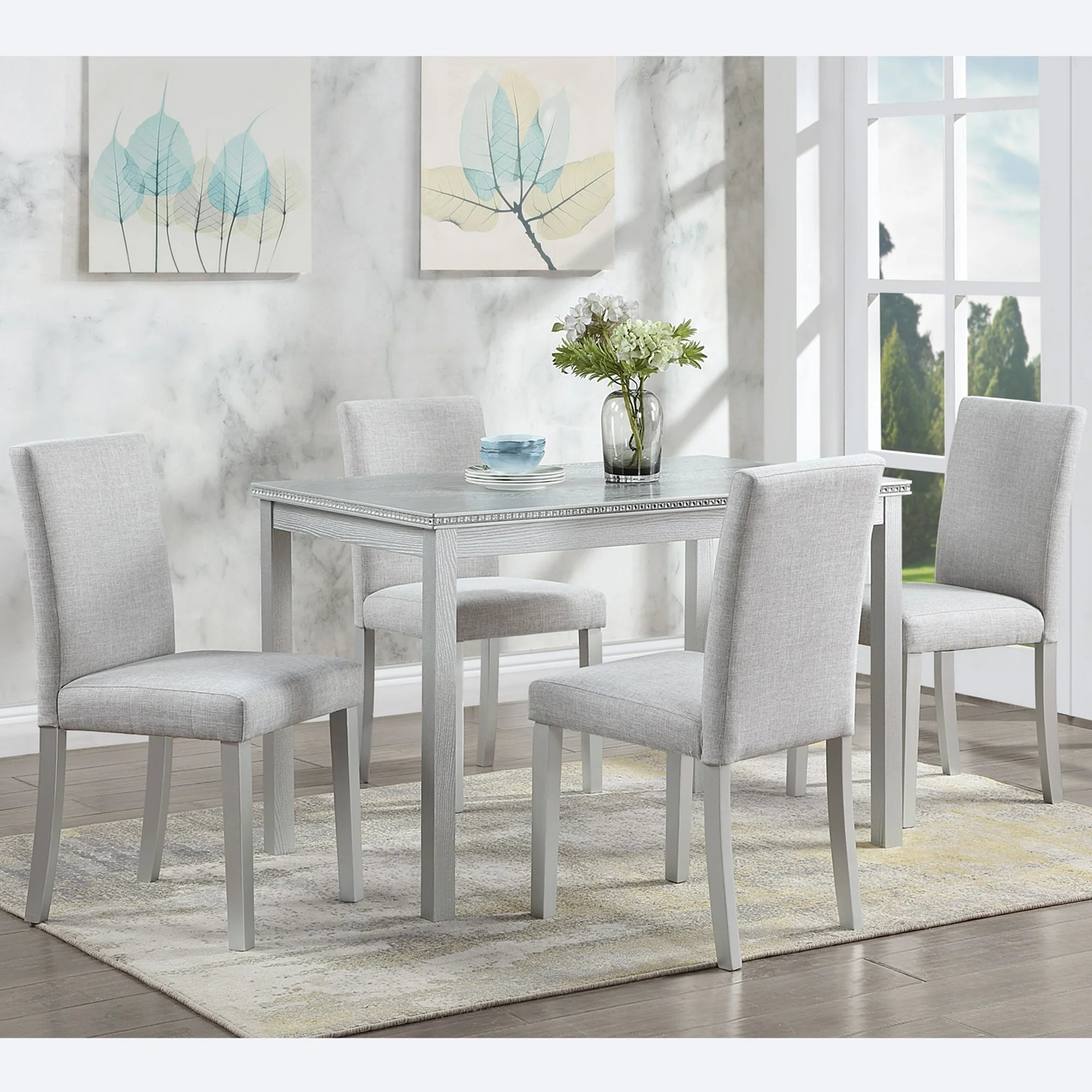 UHOMEPRO 5 Piece Dining Table Set, Modern Dining Table Sets with Rectangular Table and 4 Fabric Upholstered Chairs, Dining Set for Kitchen and Dining Room, Gray