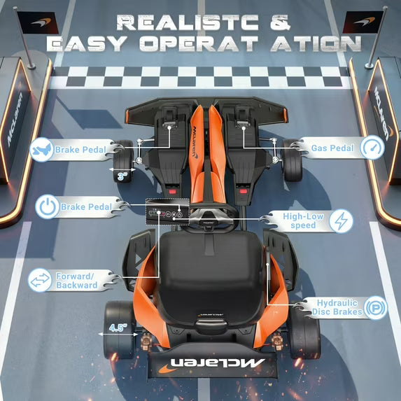 McLaren 48V Electric Go Kart for Adults & Teens, 750W Powered Motor Ride On Toy, LED Light, Hydraulic Disc Brake, 4 Wheel Spring Suspension, 3 Levels Adjustable Chassis, Foldable Design, Orange