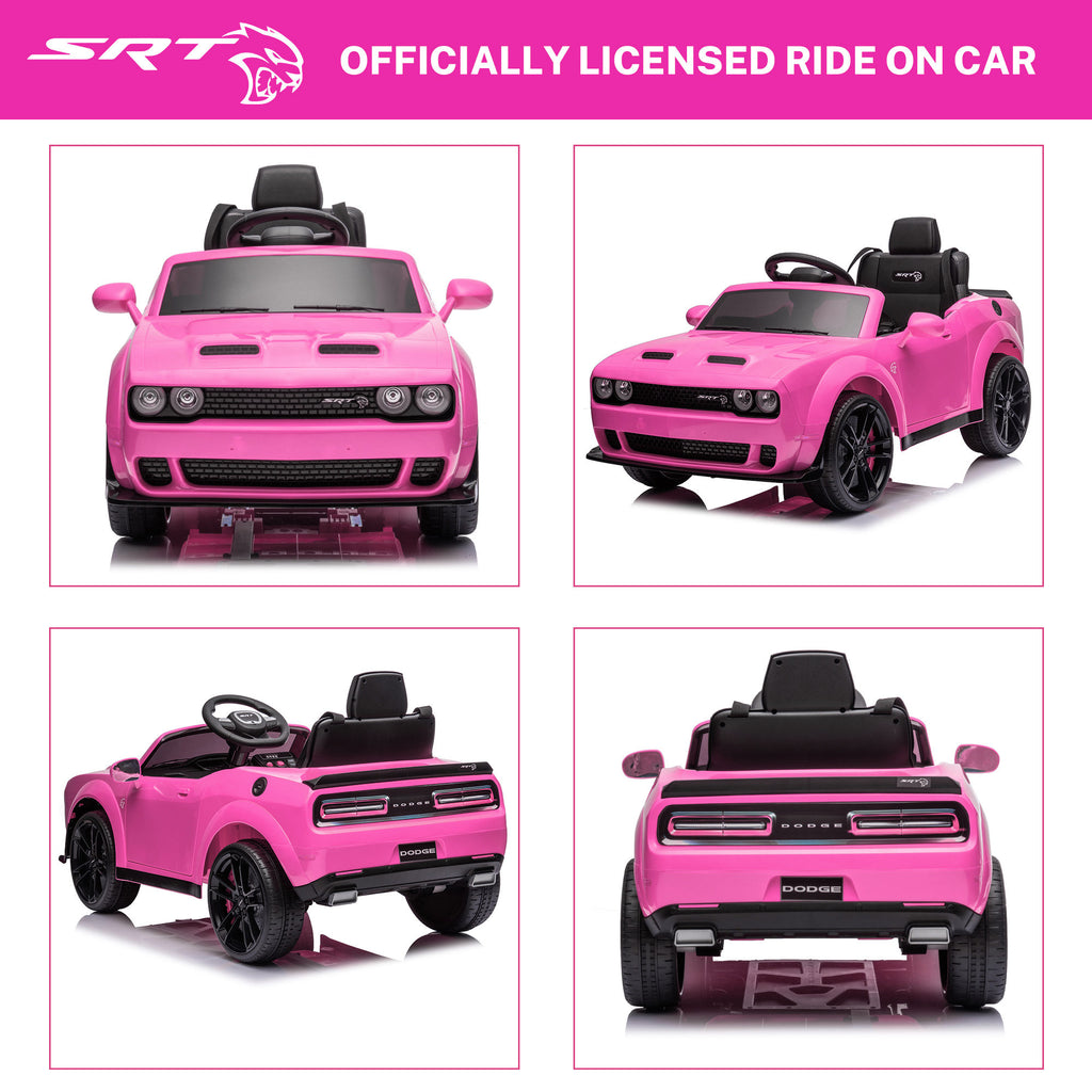 Kids Electric Car, Dodge Challenger SRT Ride on Car, 12V7Ah Battery Powered Electric Vehicle, Kids Hellcat 4-Wheels Ride on Toys with Remote Control, 3 Speeds, LED Headlights, Music Player (Black)