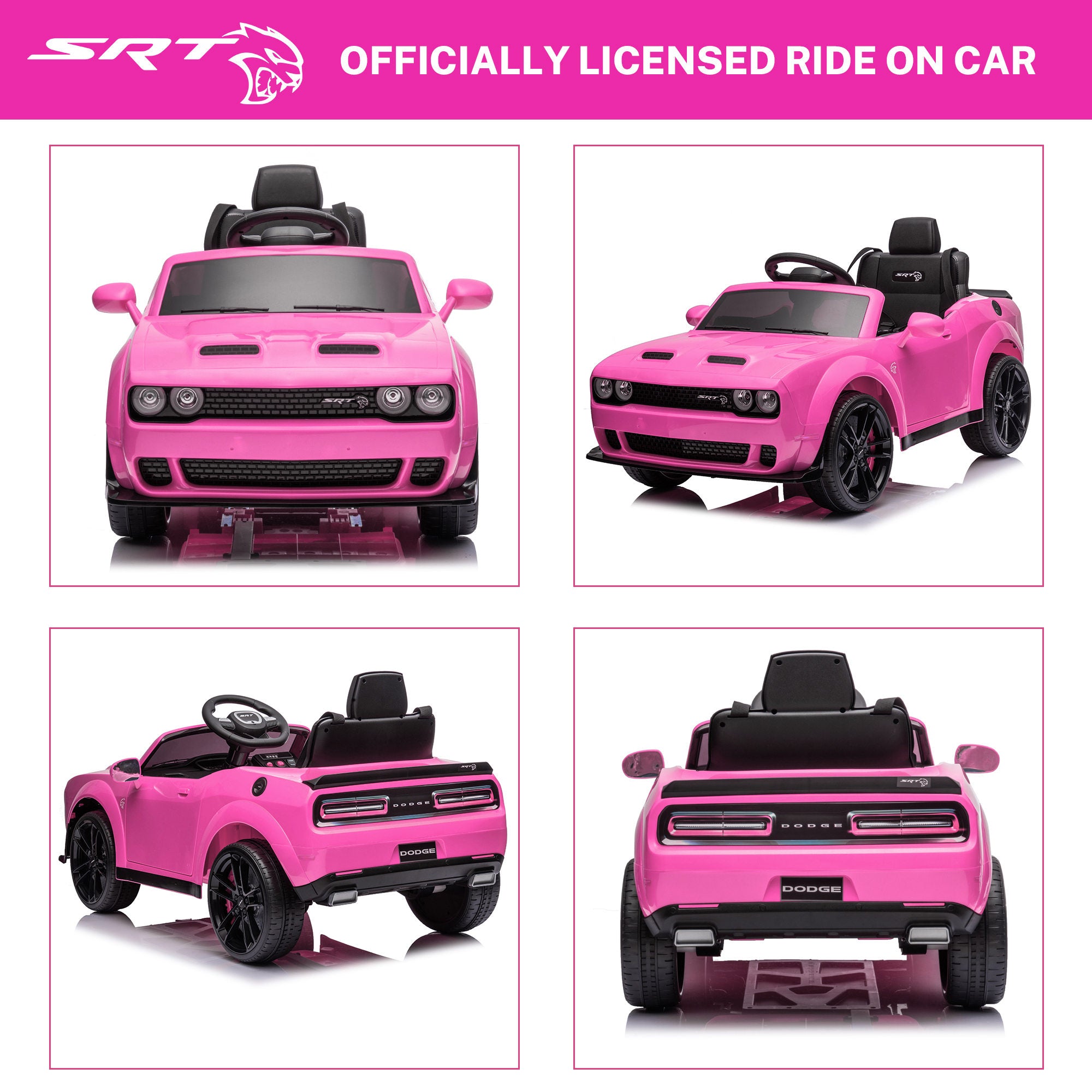 Kids Electric Car, Dodge Challenger SRT Ride on Car, 12V7Ah Battery Powered Electric Vehicle, Kids Hellcat 4-Wheels Ride on Toys with Remote Control, 3 Speeds, LED Headlights, Music Player (Black)
