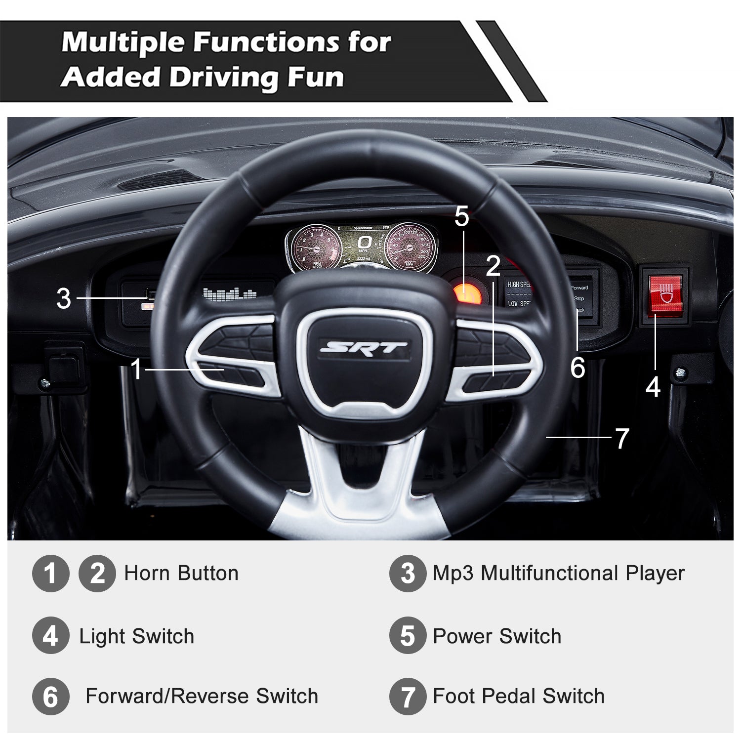 12V Ride On Car, Dodge Charger Powered Electric Car with Battery Powered, Bluetooth, Remote Control, LED Light, Ride On Toy for Ages 3+ Kids