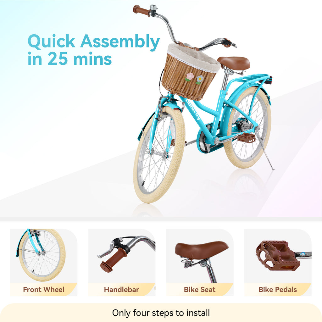 Kids Bike for Girls Ages 7-10 Years - 20" Children's Bicycle, leather Seat & Handlebars, Basket, Front Hand Brakes, Rear Coaster Brake & Safety Bell, Purple