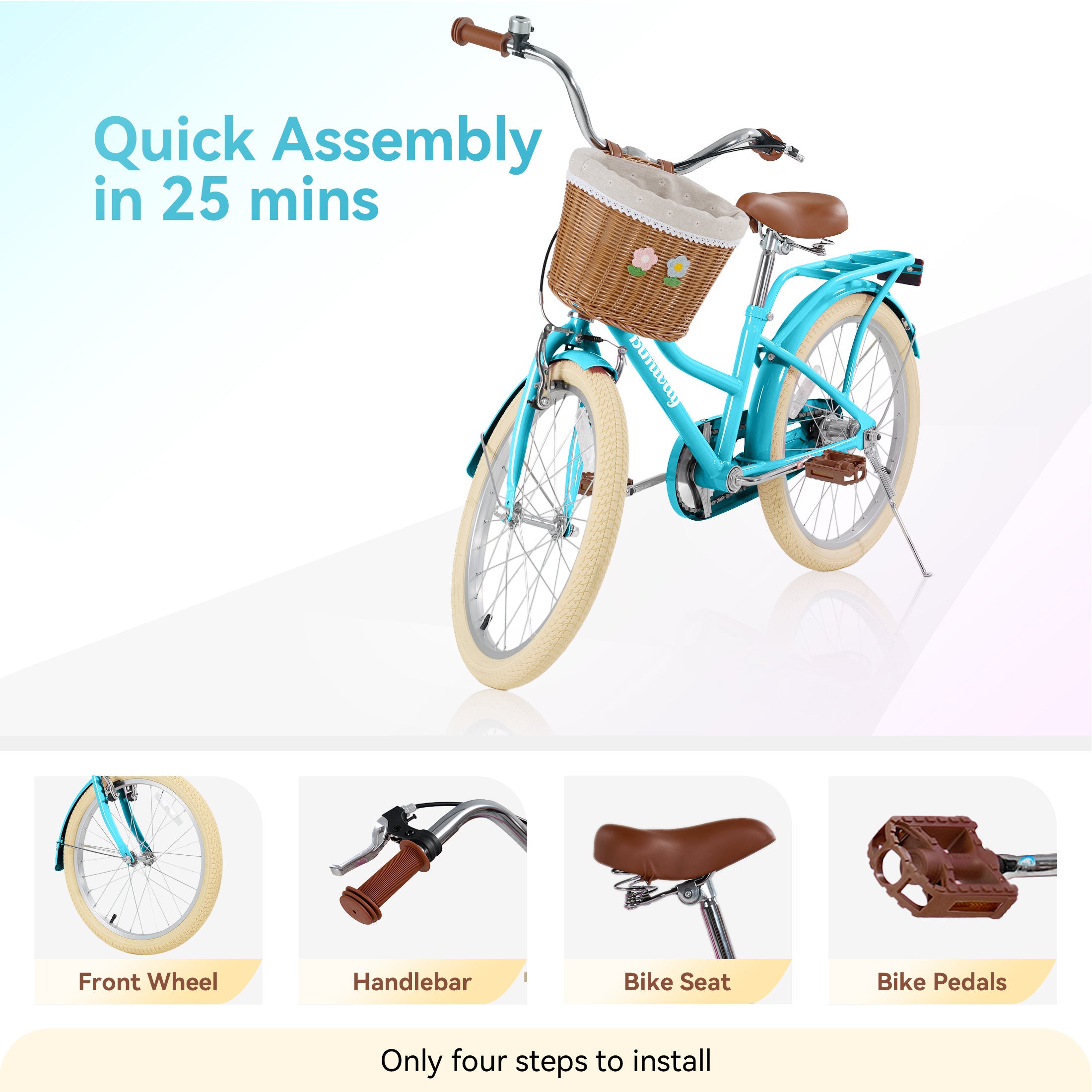 Kids Bike for Girls Ages 7-10 Years - 20" Children's Bicycle, leather Seat & Handlebars, Basket, Front Hand Brakes, Rear Coaster Brake & Safety Bell, Purple