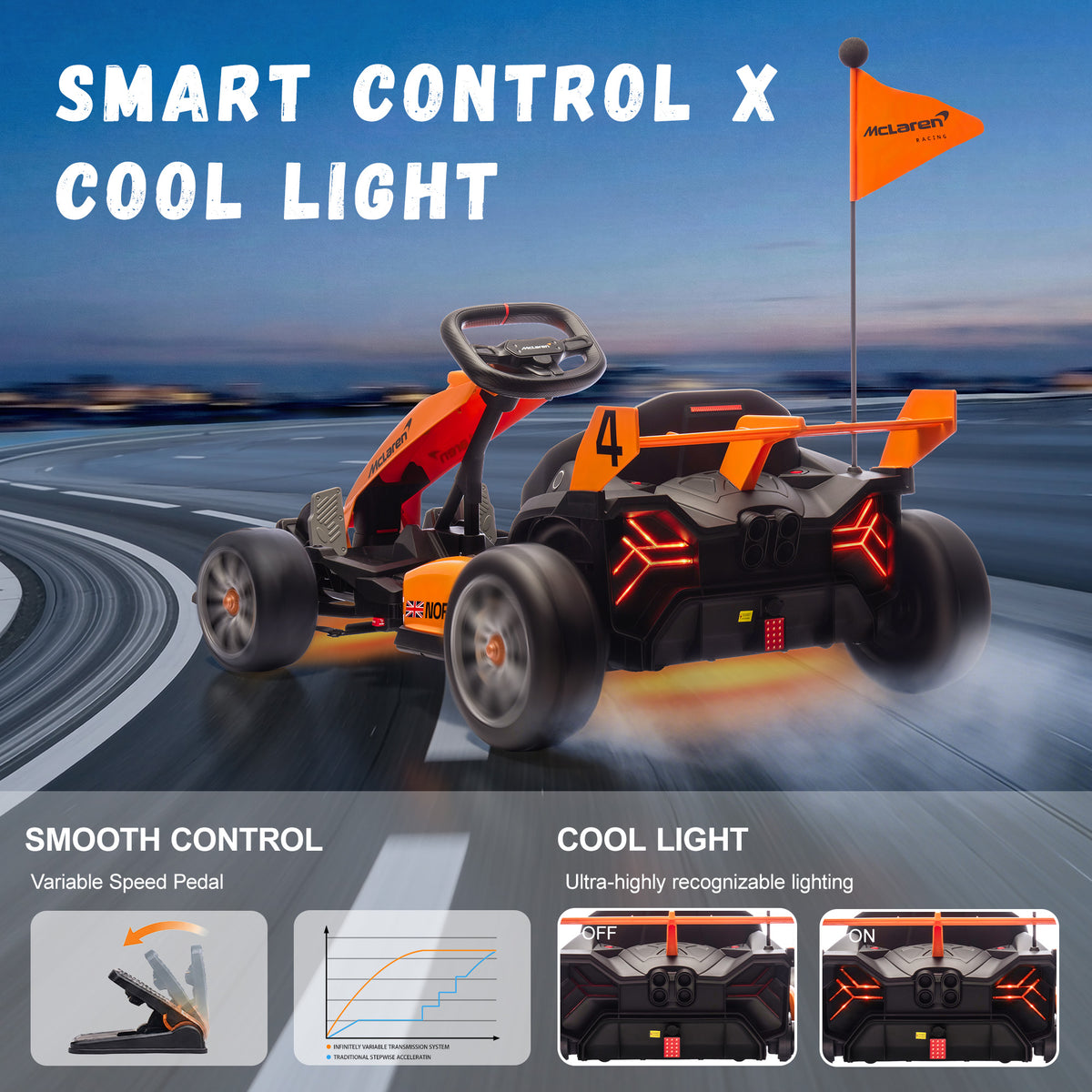 McLaren 24V Ride On Go Kart for Kids, Drifting Ride On with LED Lights, Foldable Design, Ride On Toy for Age 6+ Kids