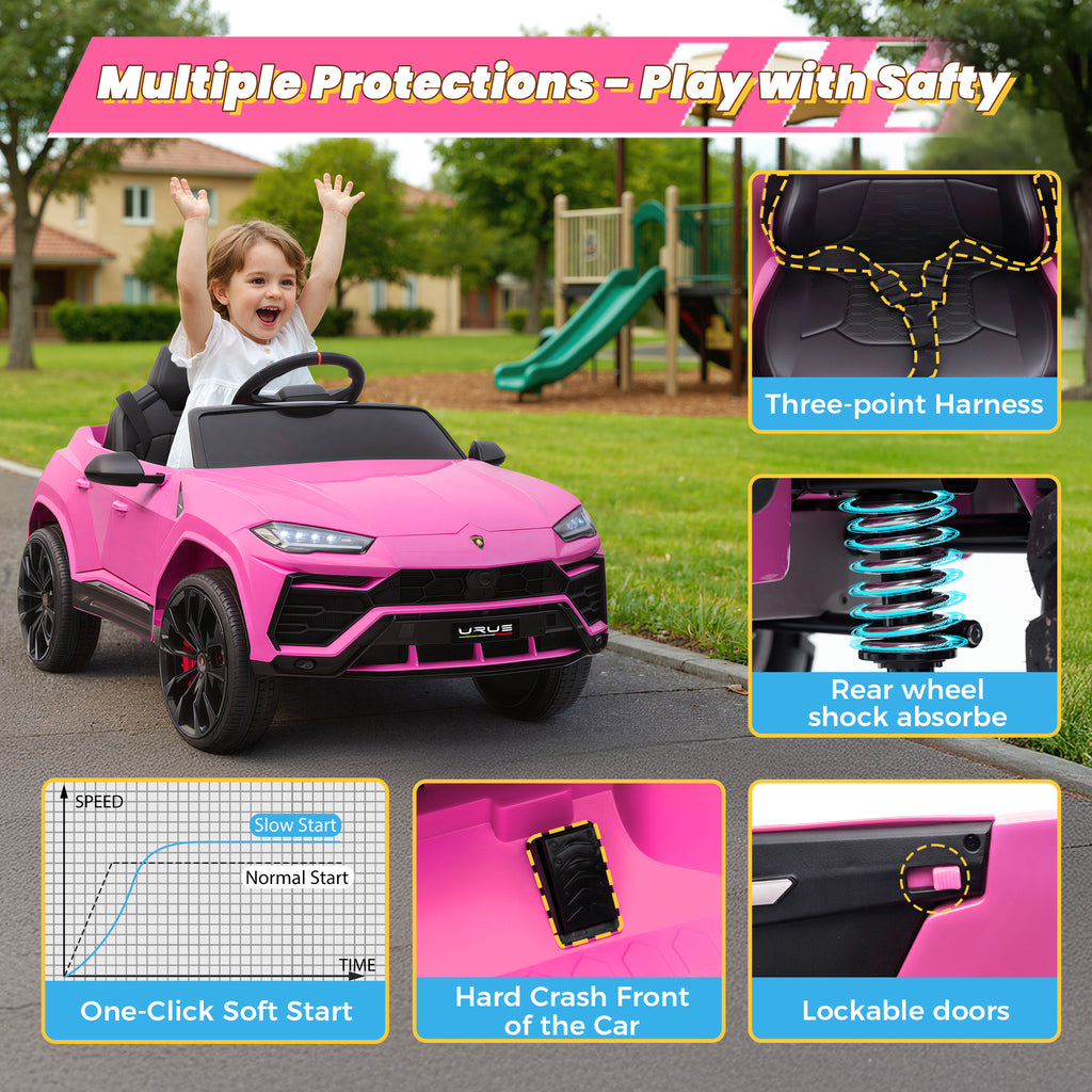 Lamborghini 12V Kids Ride On Car with Remote Control, Battery Powered Electric Car with 4 Wheels, USB, Ride On Toys for 3+ Years Olds Girls Boys, Pink