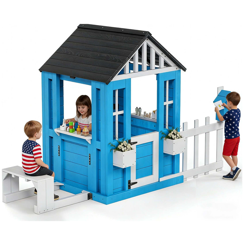 COCLUB Playhouse for Kids, Backyard Playground with Play Kitchen, Snack Bar, Picnic Bench, Dinner Bell, Mailbox, Flowerpot Holders, Outdoor Playhouses for 2 to 10 Year Olds, Wooden Clubhouse Outside