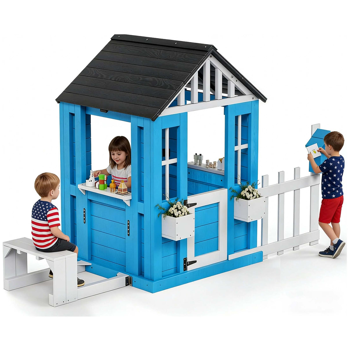 COCLUB Playhouse for Kids, Backyard Playground with Play Kitchen, Snack Bar, Picnic Bench, Dinner Bell, Mailbox, Flowerpot Holders, Outdoor Playhouses for 2 to 10 Year Olds, Wooden Clubhouse Outside