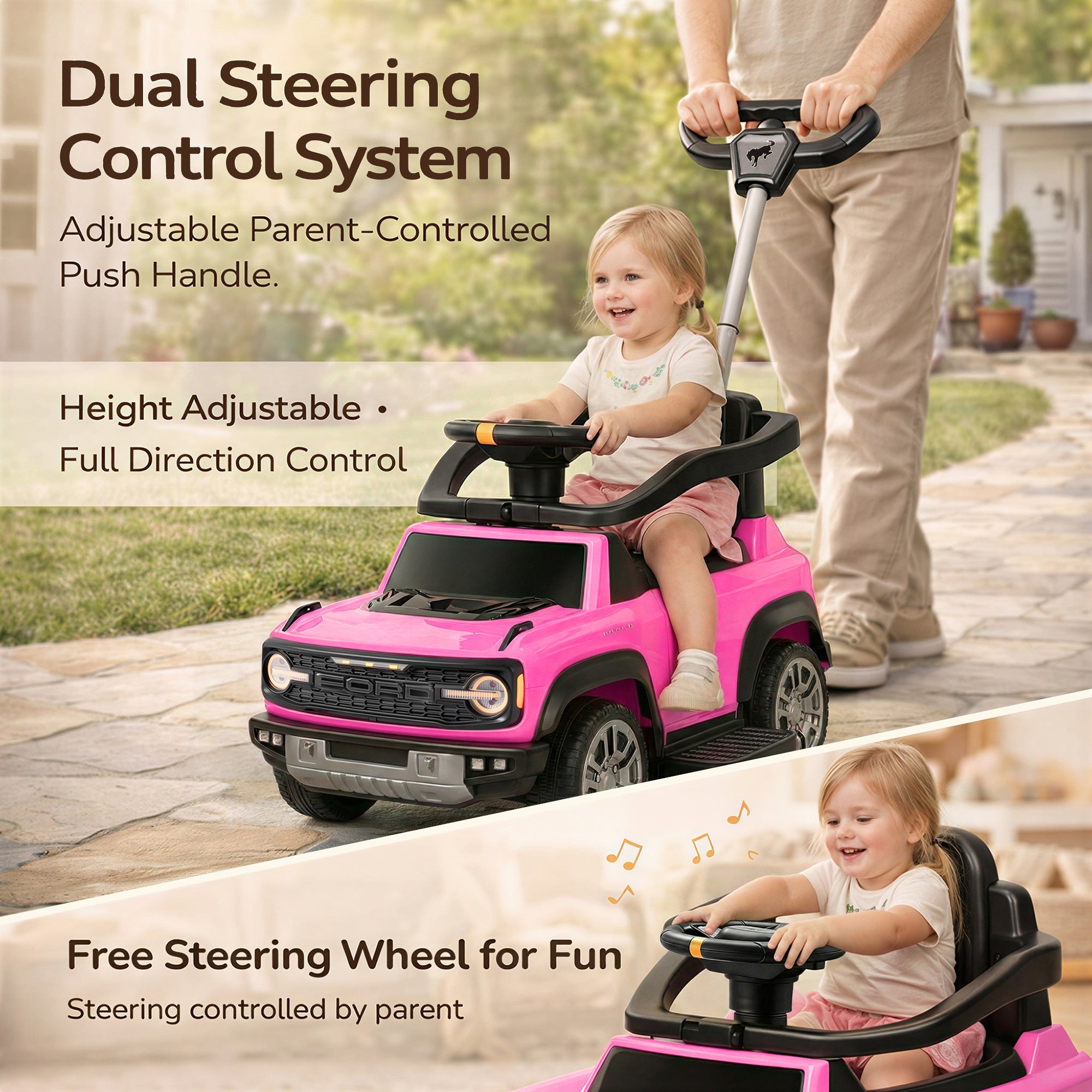 Ford Bronco 3 in 1 Push Car for Toddlers 1–3, Ride On Push Car with Parent Steering Handle, Steering Wheel, Removable Guardrail & Footrest, Music, Horn, Under Seat Storage, Silent Wheels, Pink