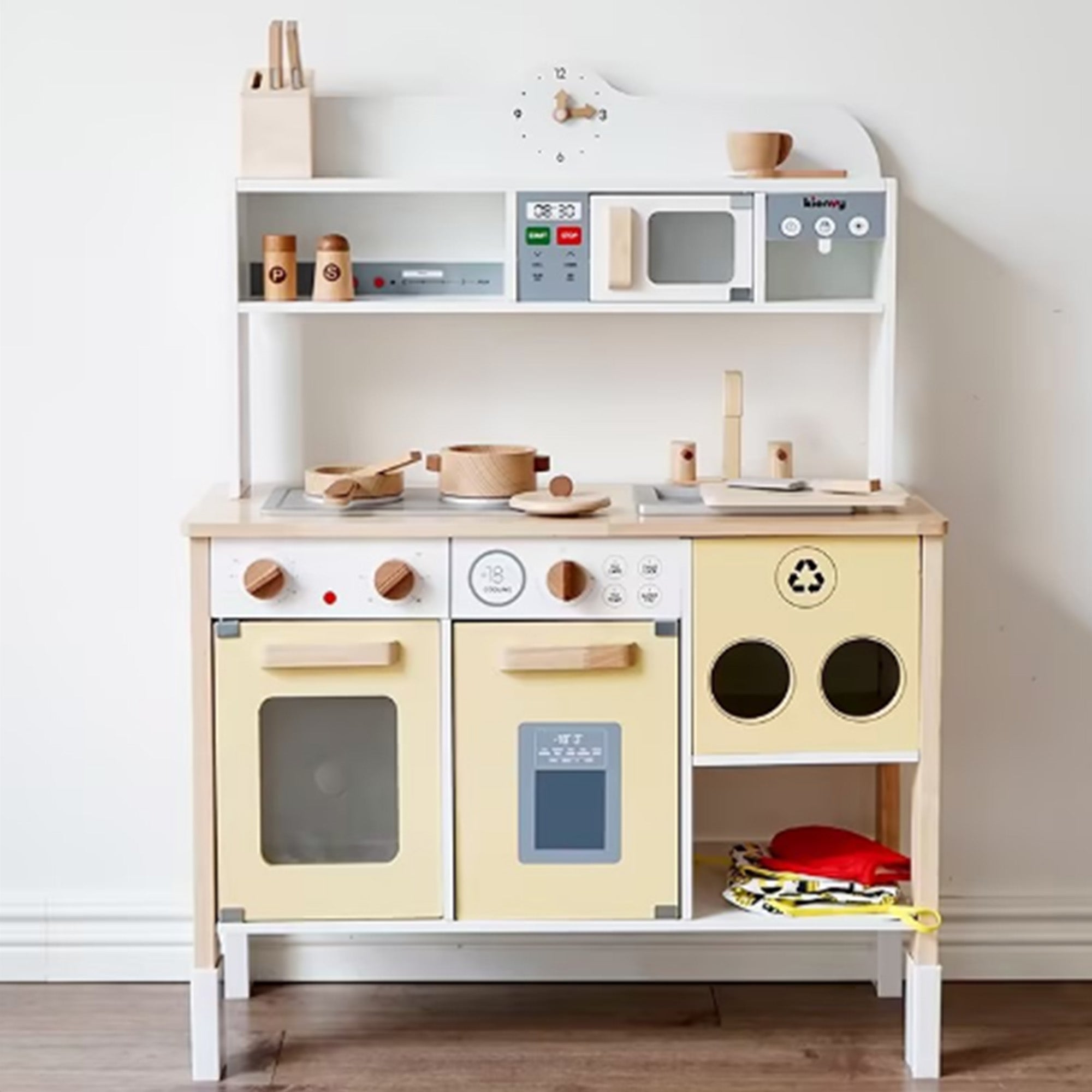 COCLUB Toddler Play Kitchen, Wooden Play Kitchen Toy Set Gift for Ages 1-3 with Apron, Utensils, Microwave, Coffee machine - White