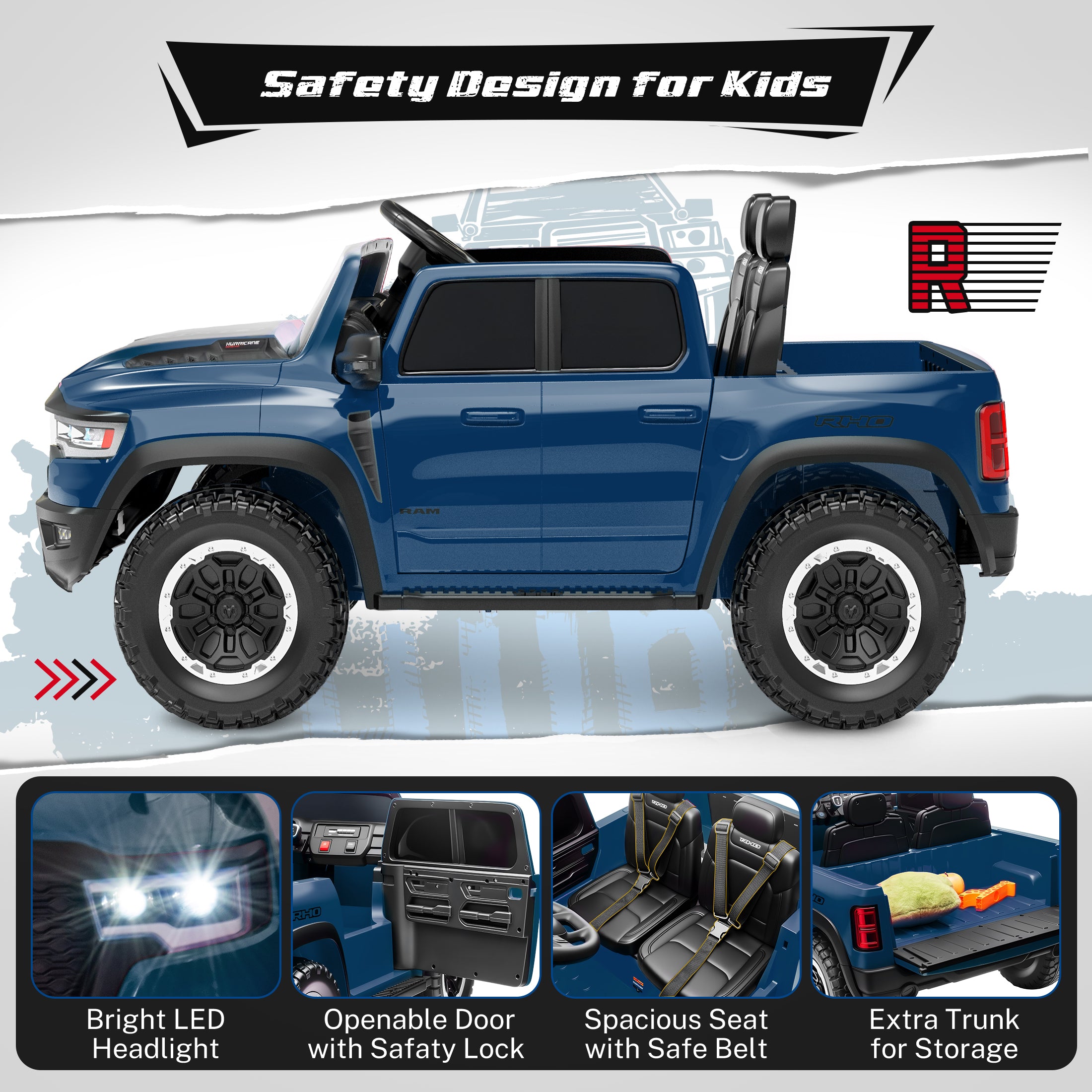 COCLUB RAM 24V Ride on Cars for Tow Kids, RAM 1500 RHO 2 Seat Battery Powered Ride on Toys with Remote Control, 4 Wheels Suspension Trunk, LED Light, MP3 Player, Electric Car for Kids Boy Girl Gift