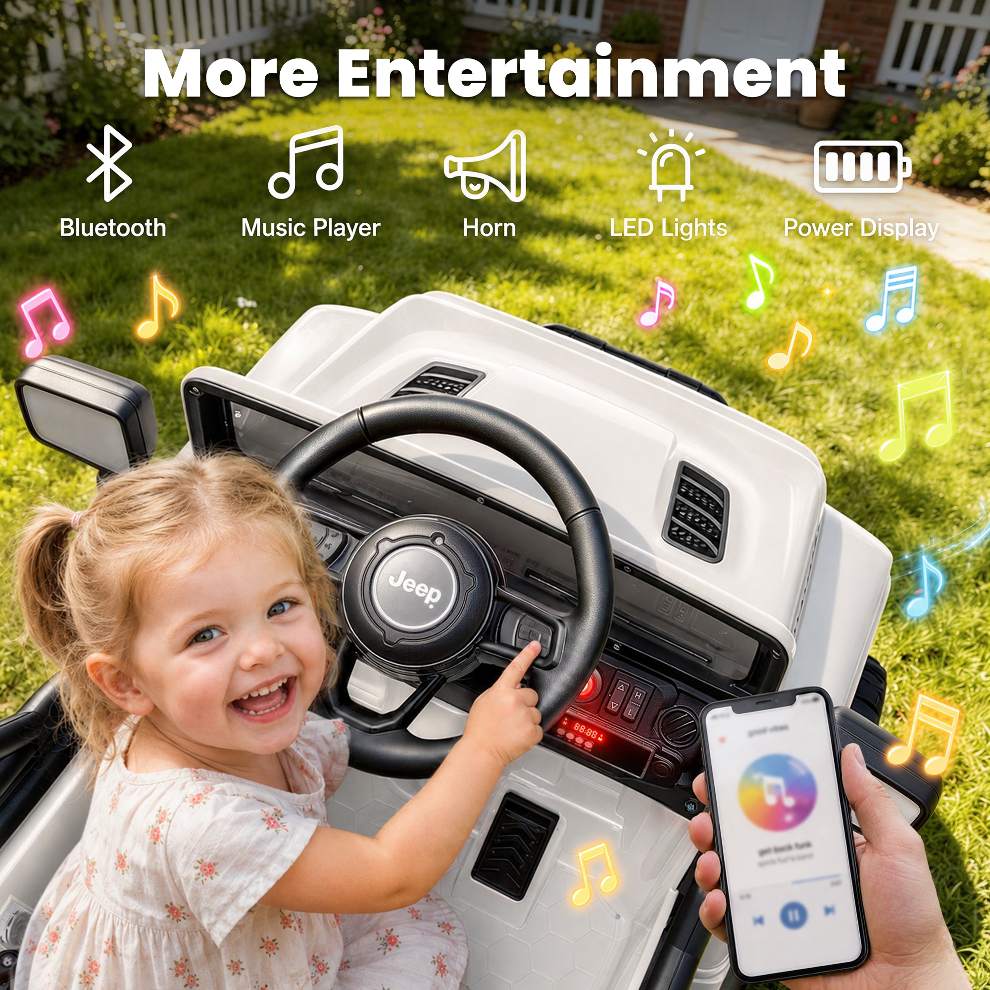 Jeep 12V Ride on Car with Remote Control/Bluetooth, Jeep Wrangler Rubicon Battery Powered Ride on Truck Toy w/Dual Wheel Suspension, Electric Car for Kids Toddler