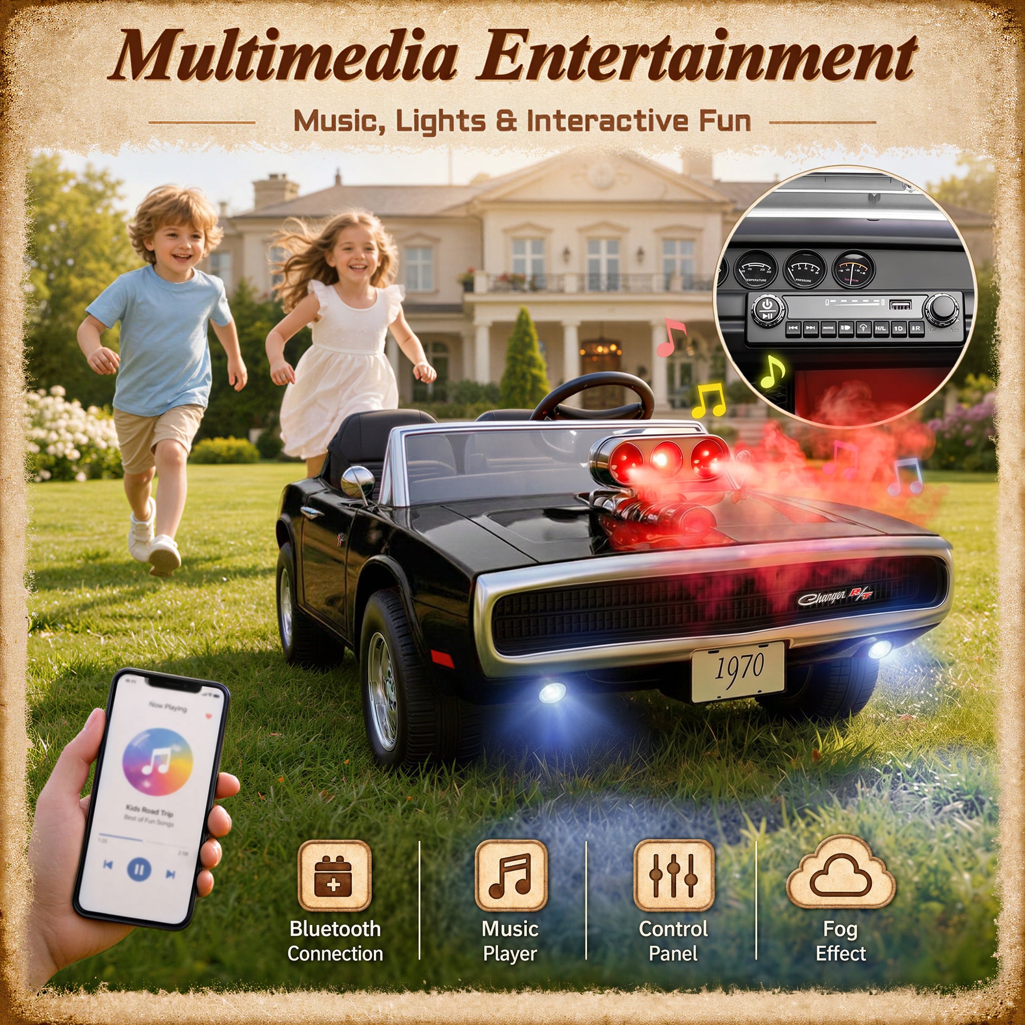 24V Ride On Car for Kids, Licensed Dodge 1970 Charger R/T Electric Car w/Parent Remote Control, Engine Spray, LED Lights, Bluetooth, MP3, 4-Wheel Spring Suspension, Ride On Toys for Ages 3+